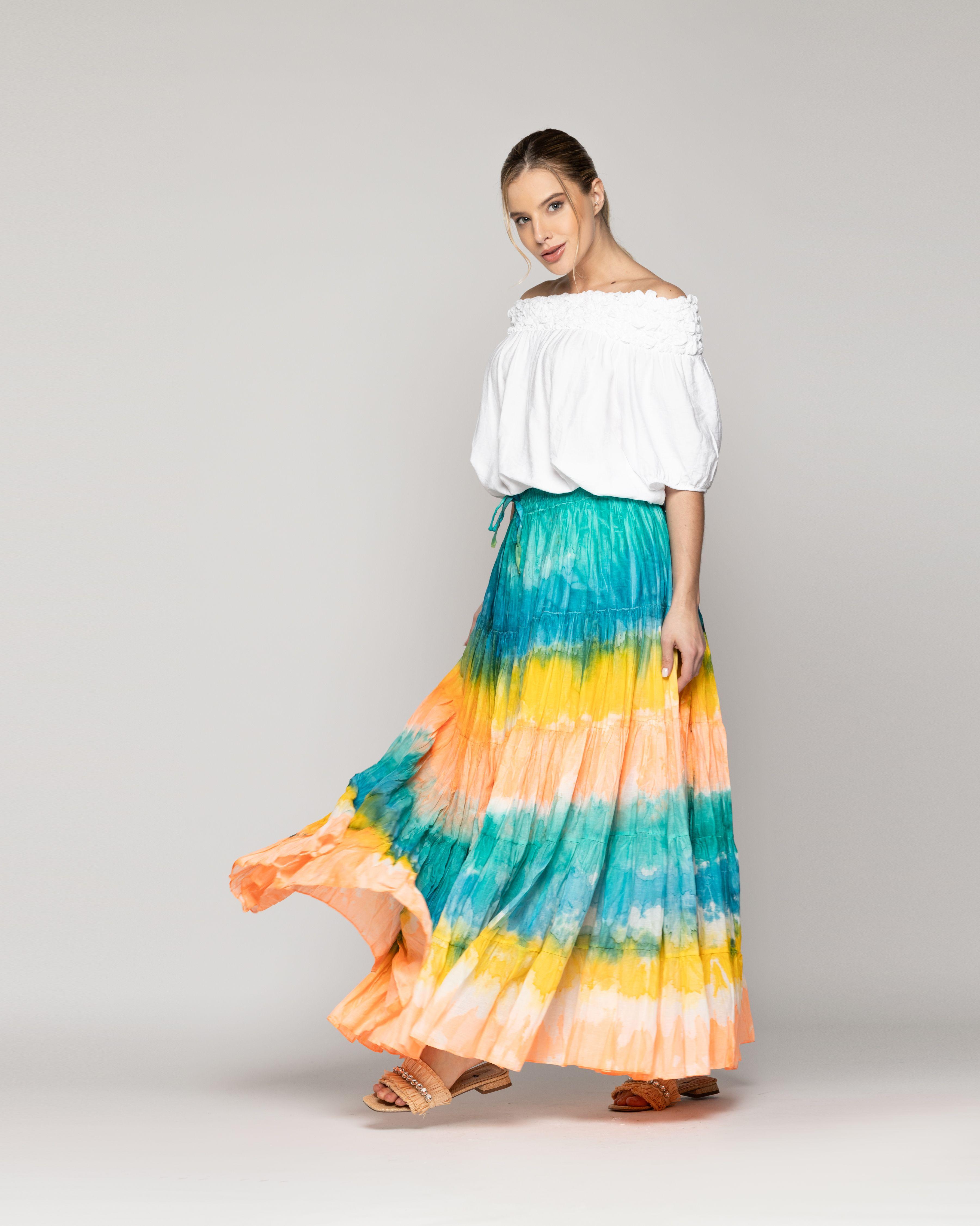 Falda Mujer Fiorella Con Caída Fluida Estilo Tie-Dye Amarilla Lineatre-3