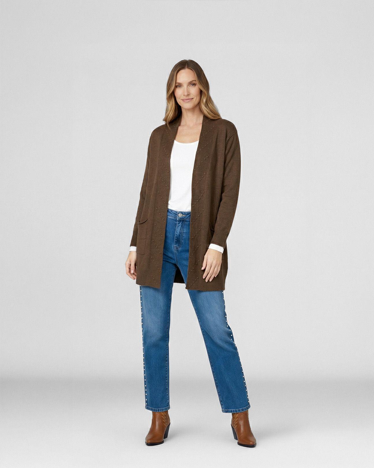 Cardigan Mujer Paola Relaxed Cuello Tipo Kimono Manga Caída Chocolate Lineatre-3