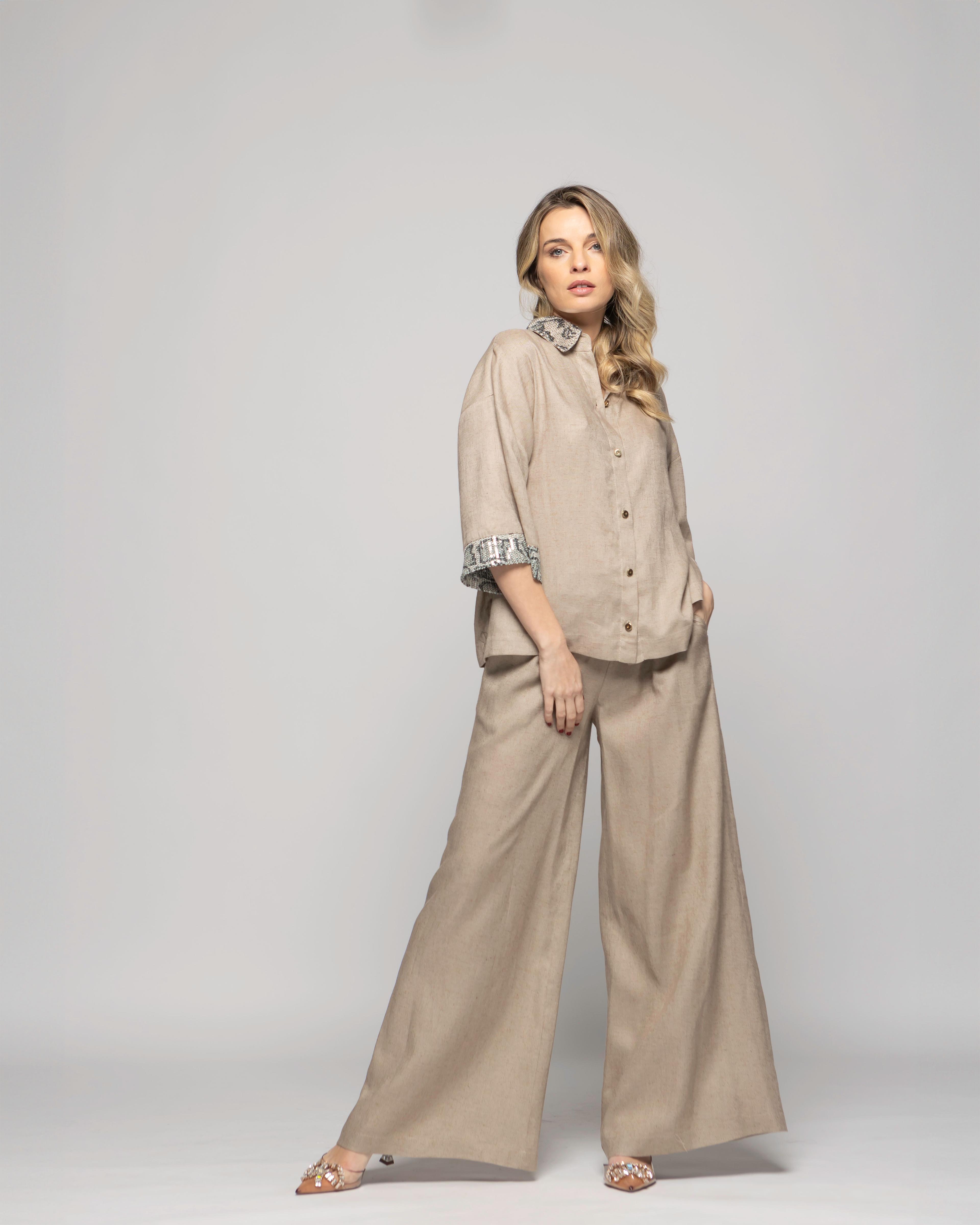 Blusa Mujer Fresia Viscosa Lino Mangas 3/4 Detalle Lentejuelas Beige Ludovica-0