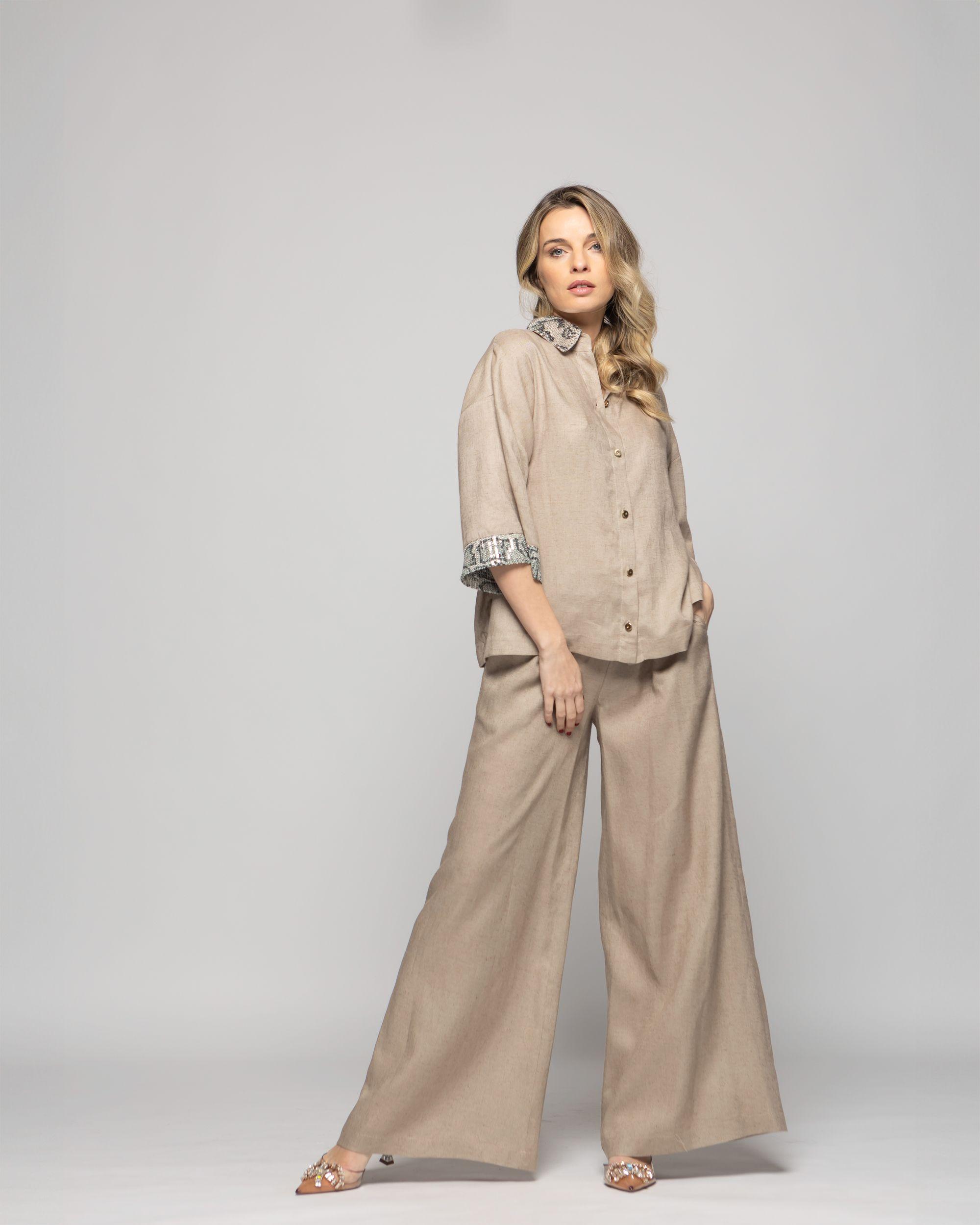 Blusa Mujer Fresia Viscosa Lino Mangas 3/4 Detalle Lentejuelas Beige Ludovica-1