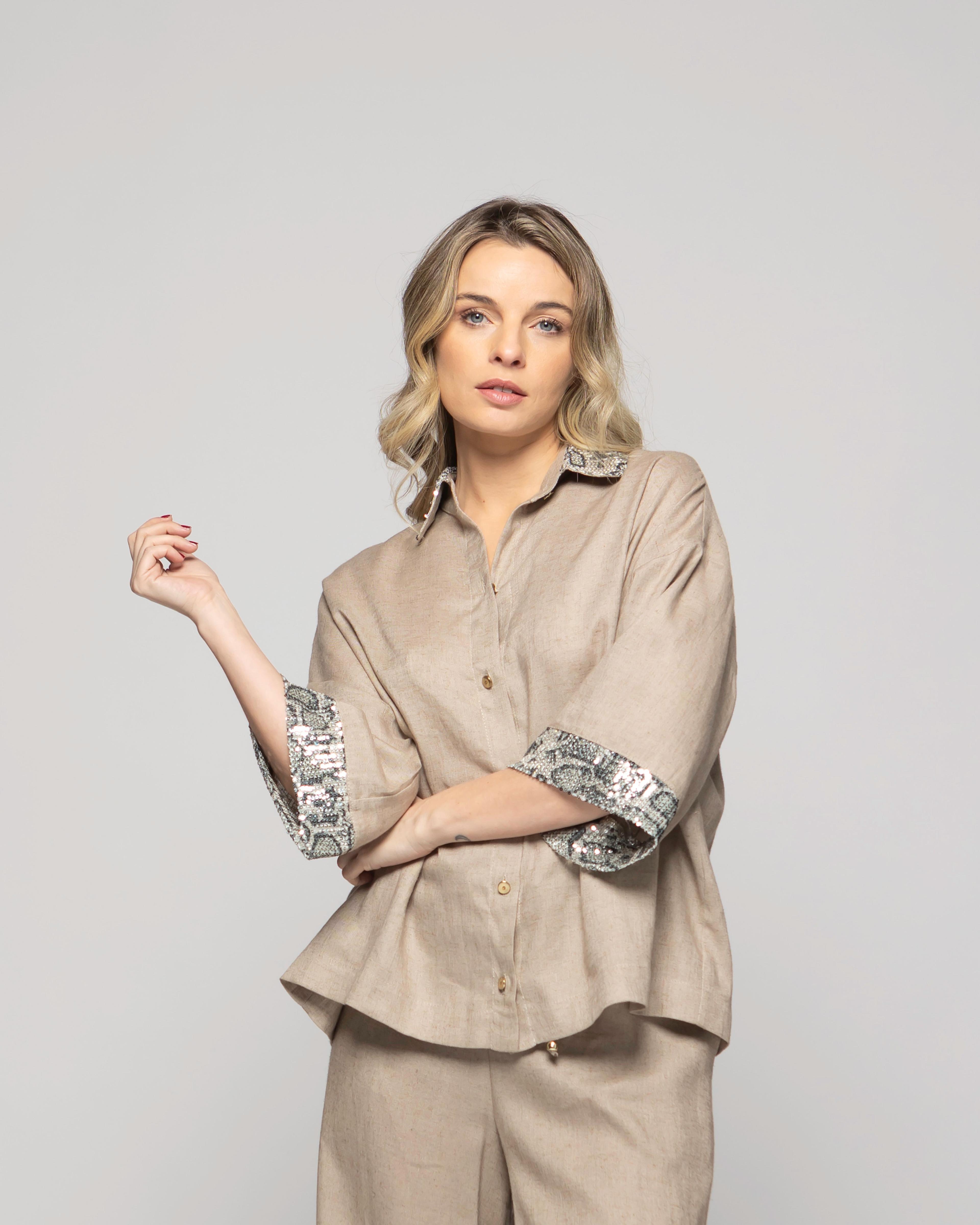 Blusa Mujer Fresia Viscosa Lino Mangas 3/4 Detalle Lentejuelas Beige Ludovica-2