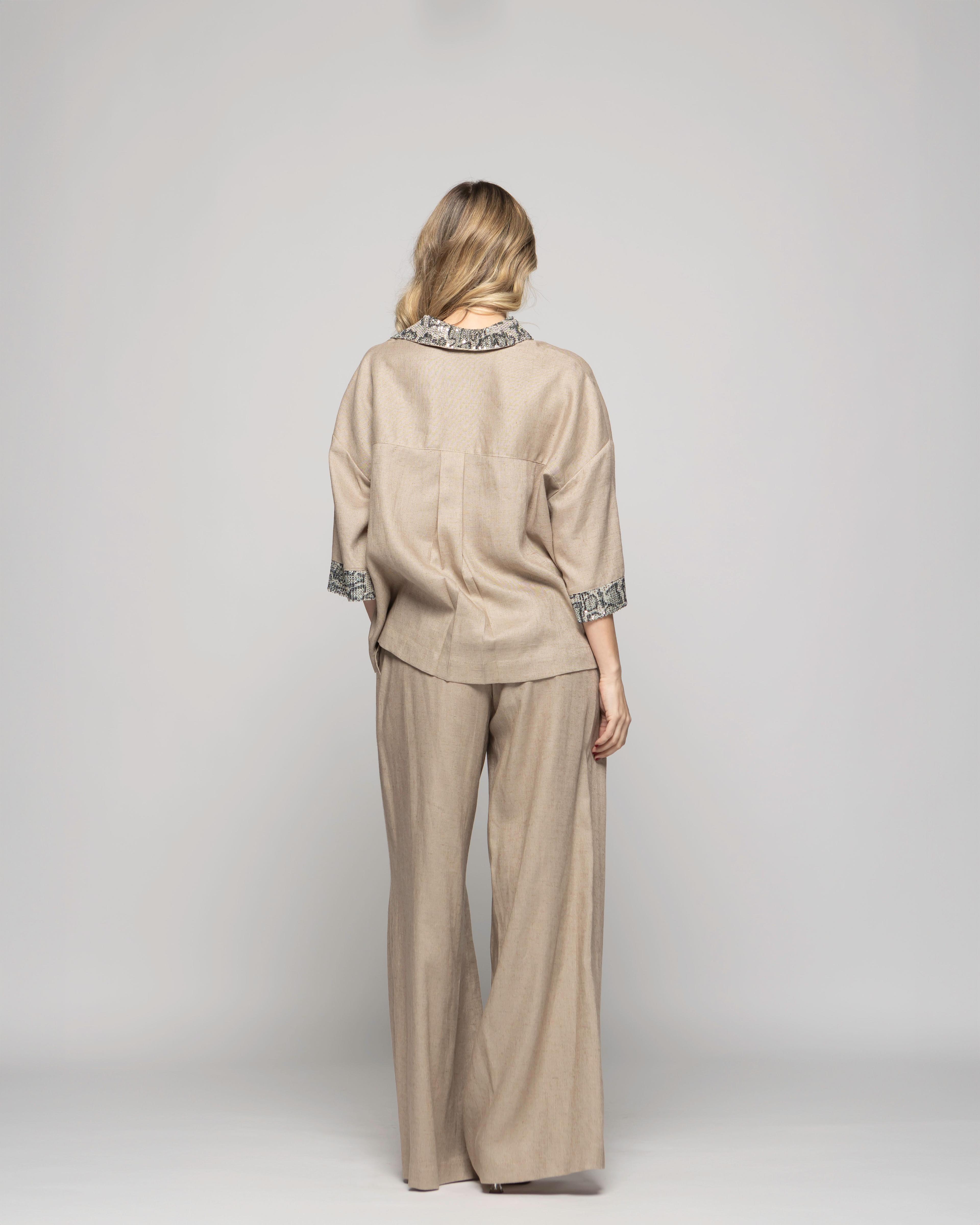 Blusa Mujer Fresia Viscosa Lino Mangas 3/4 Detalle Lentejuelas Beige Ludovica-4