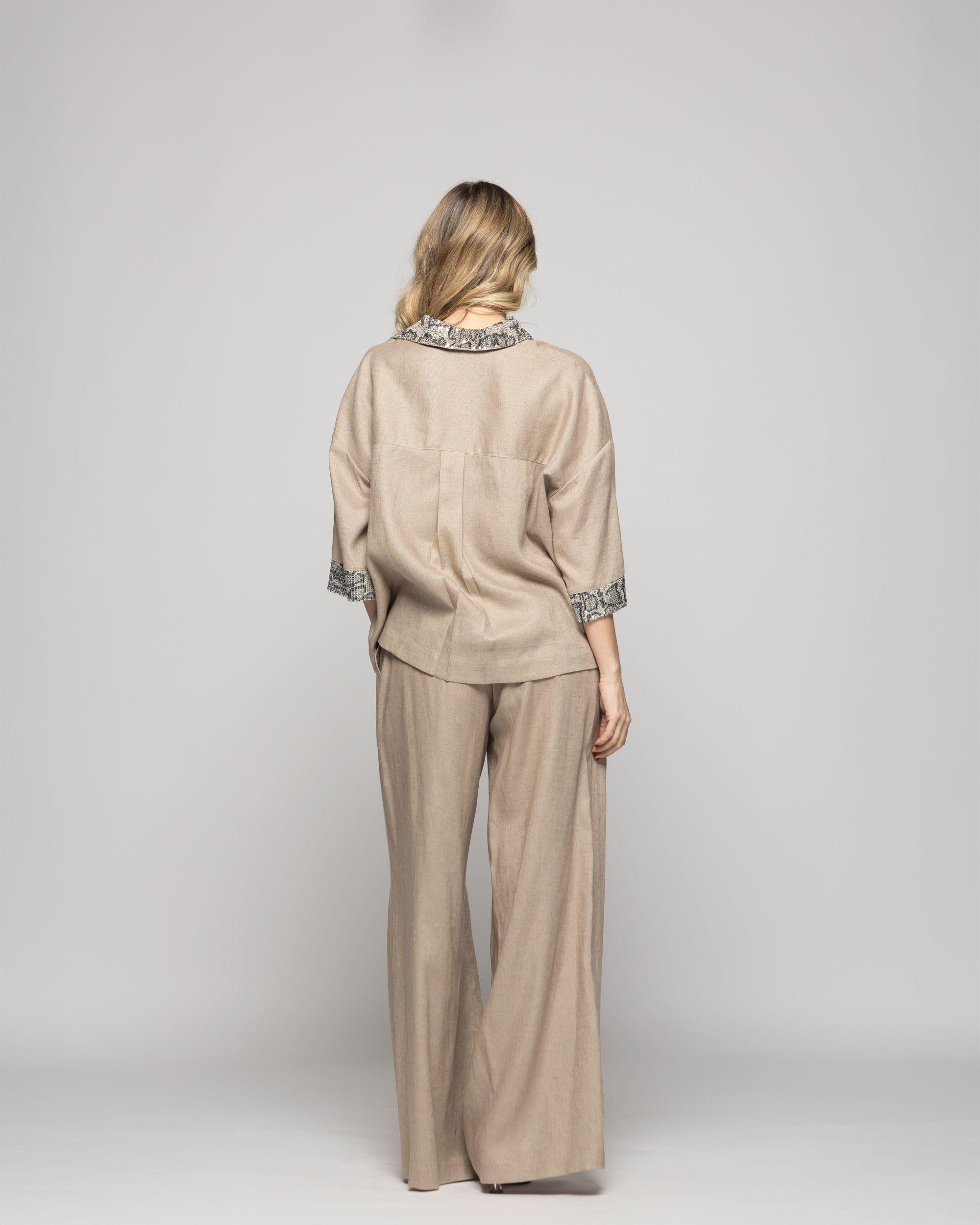 Blusa Mujer Fresia Viscosa Lino Mangas 3/4 Detalle Lentejuelas Beige Ludovica-5