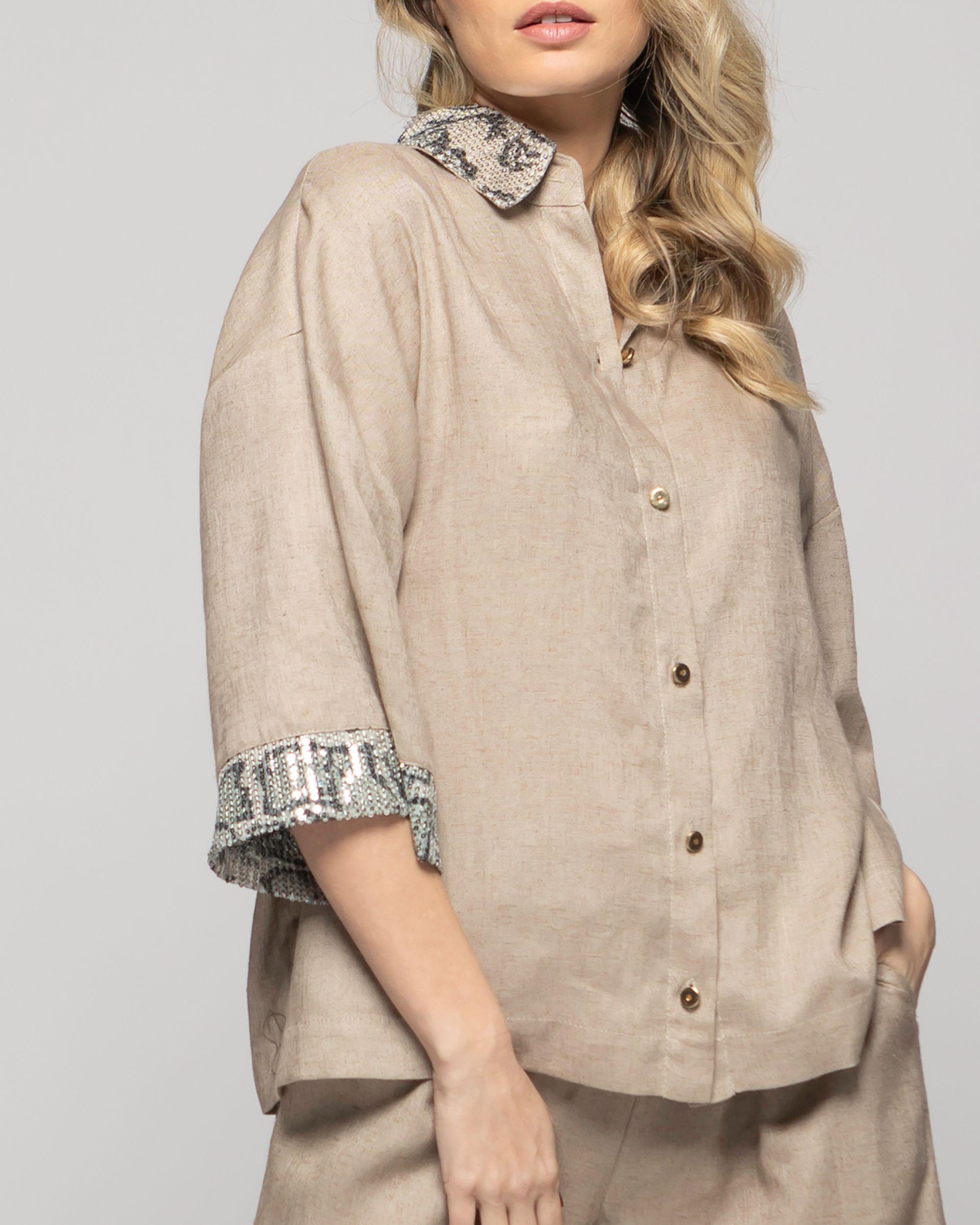 Blusa Mujer Fresia Viscosa Lino Mangas 3/4 Detalle Lentejuelas Beige Ludovica-7