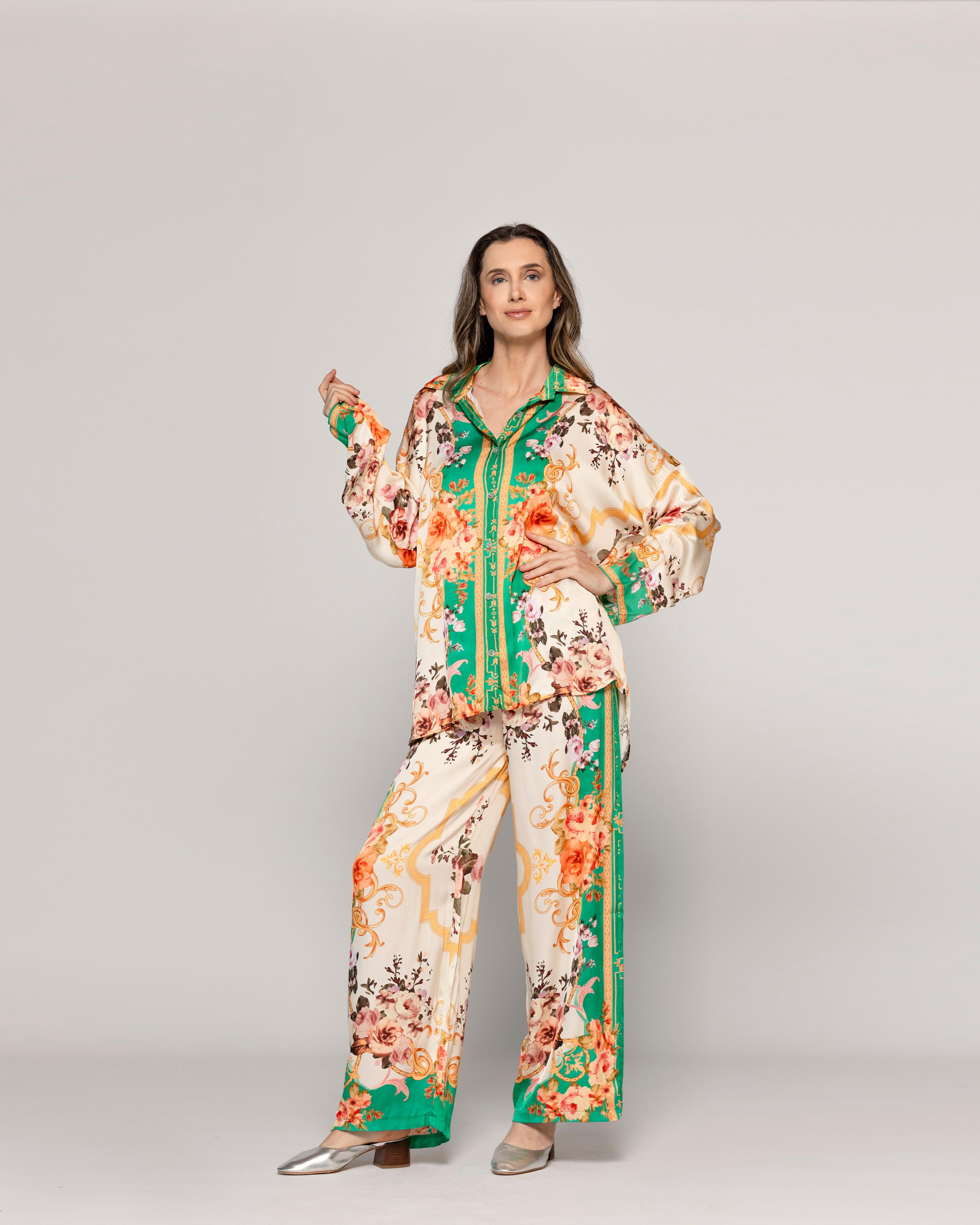 Blusa Mujer Brenna Tipo Satín Estampado  Verde Lineatre-4