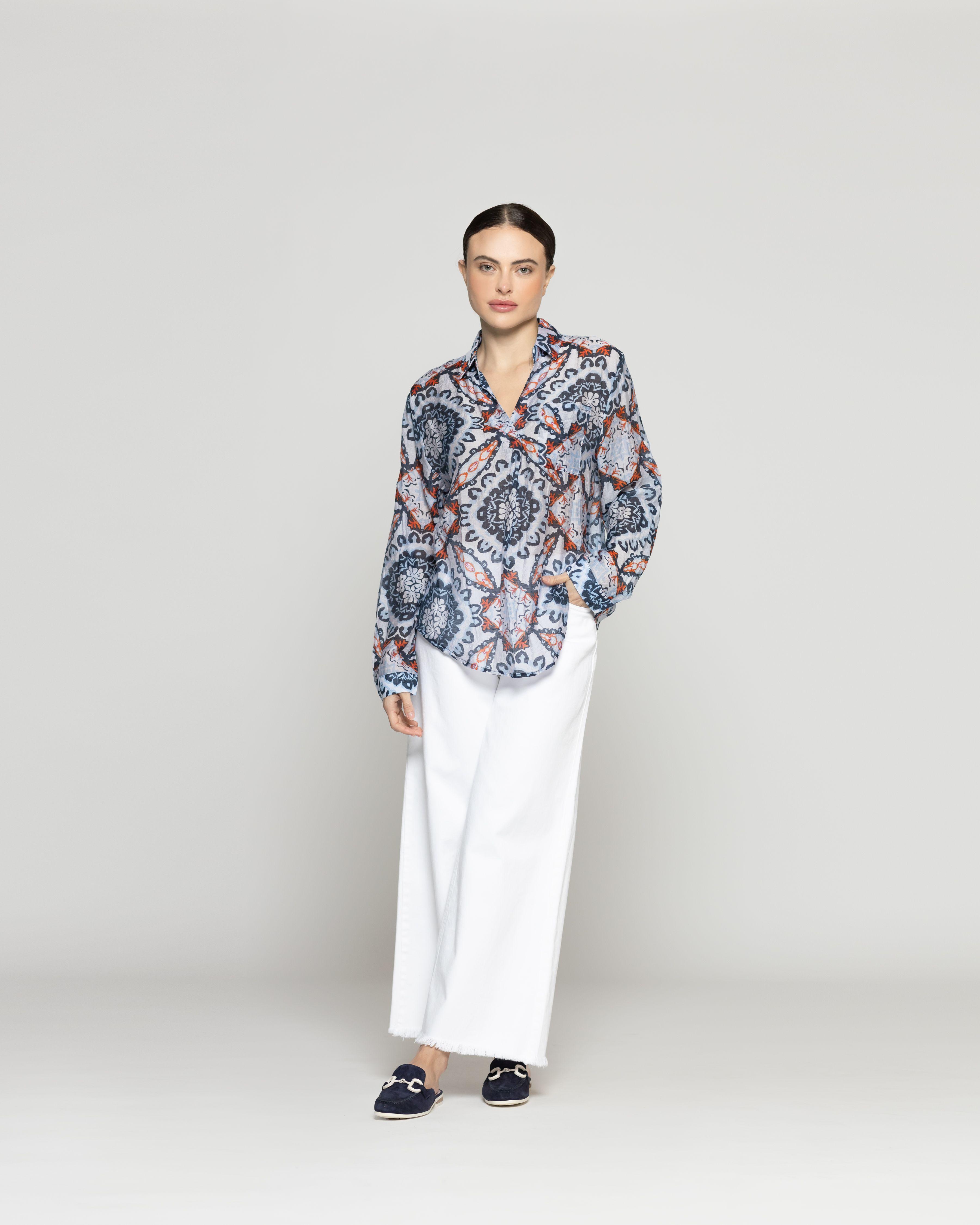 Blusa Mujer Bibì Manga Larga Sin Botones Con Diseño Azul Lineatre-4