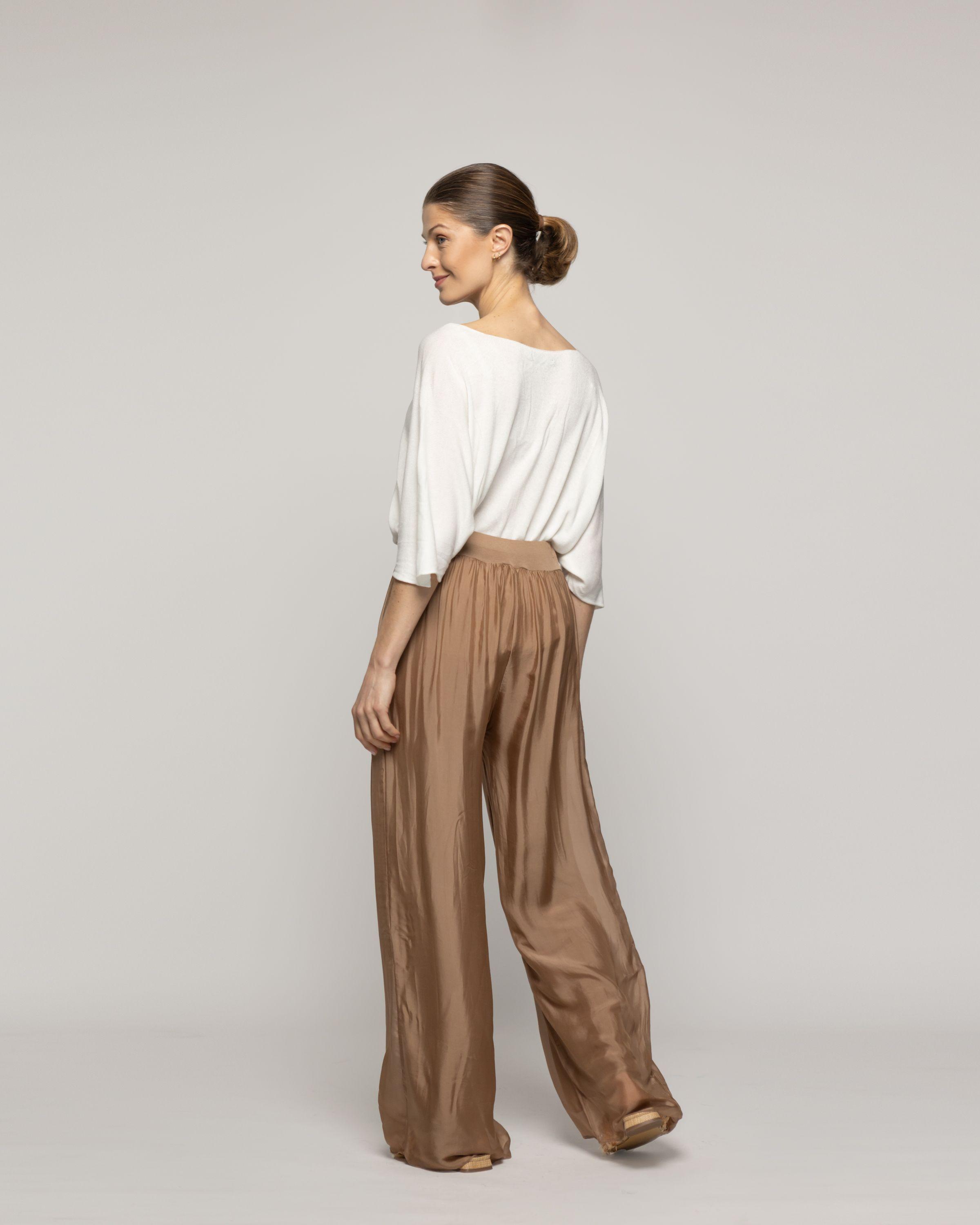 Pantalón Mujer Perla Palazzo Tipo Satín Café Moka Lineatre-2