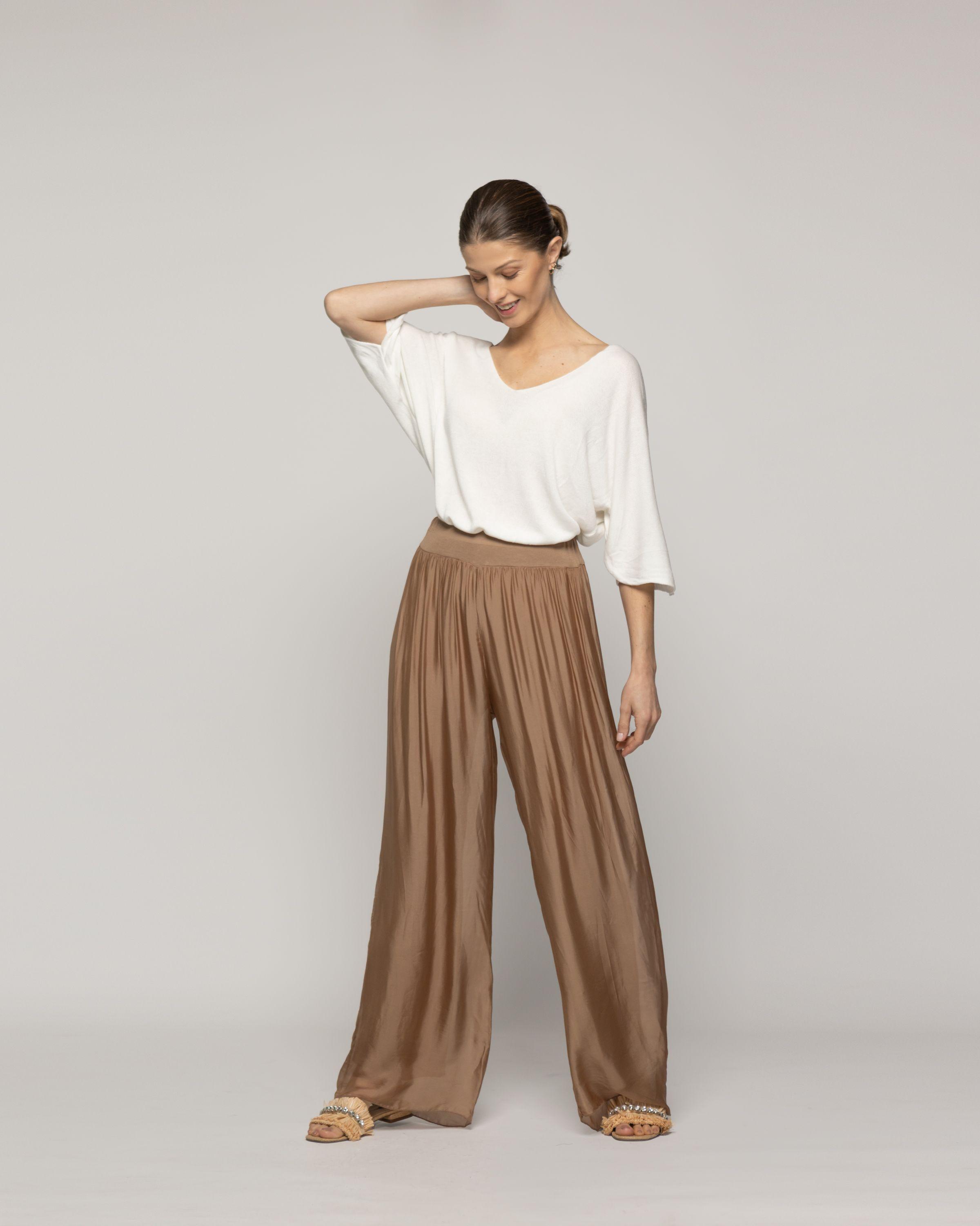 Pantalón Mujer Perla Palazzo Tipo Satín Café Moka Lineatre-4
