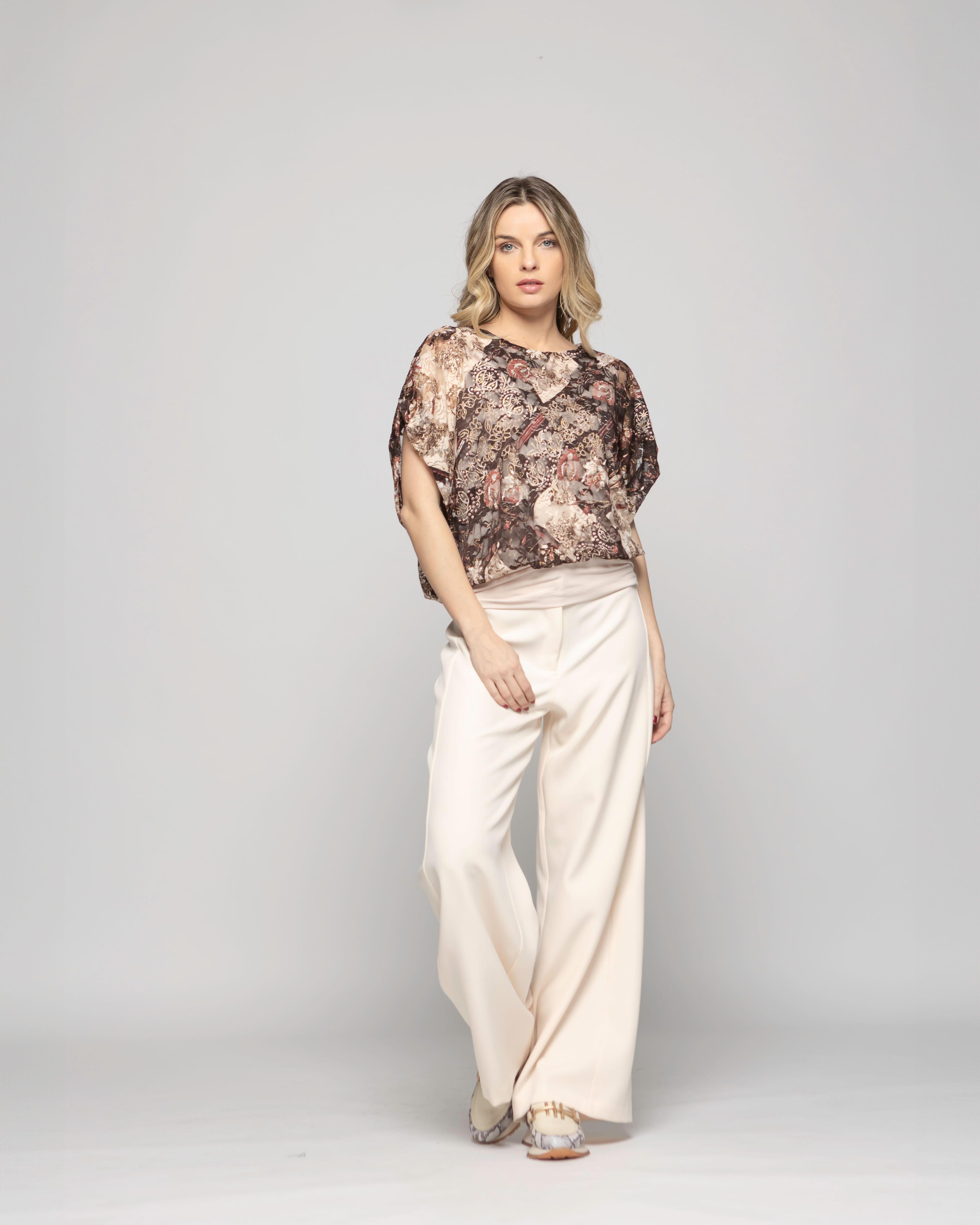 Polera Nigella Manga Caída Encaje Floral Café Chocolate Ludovica-0