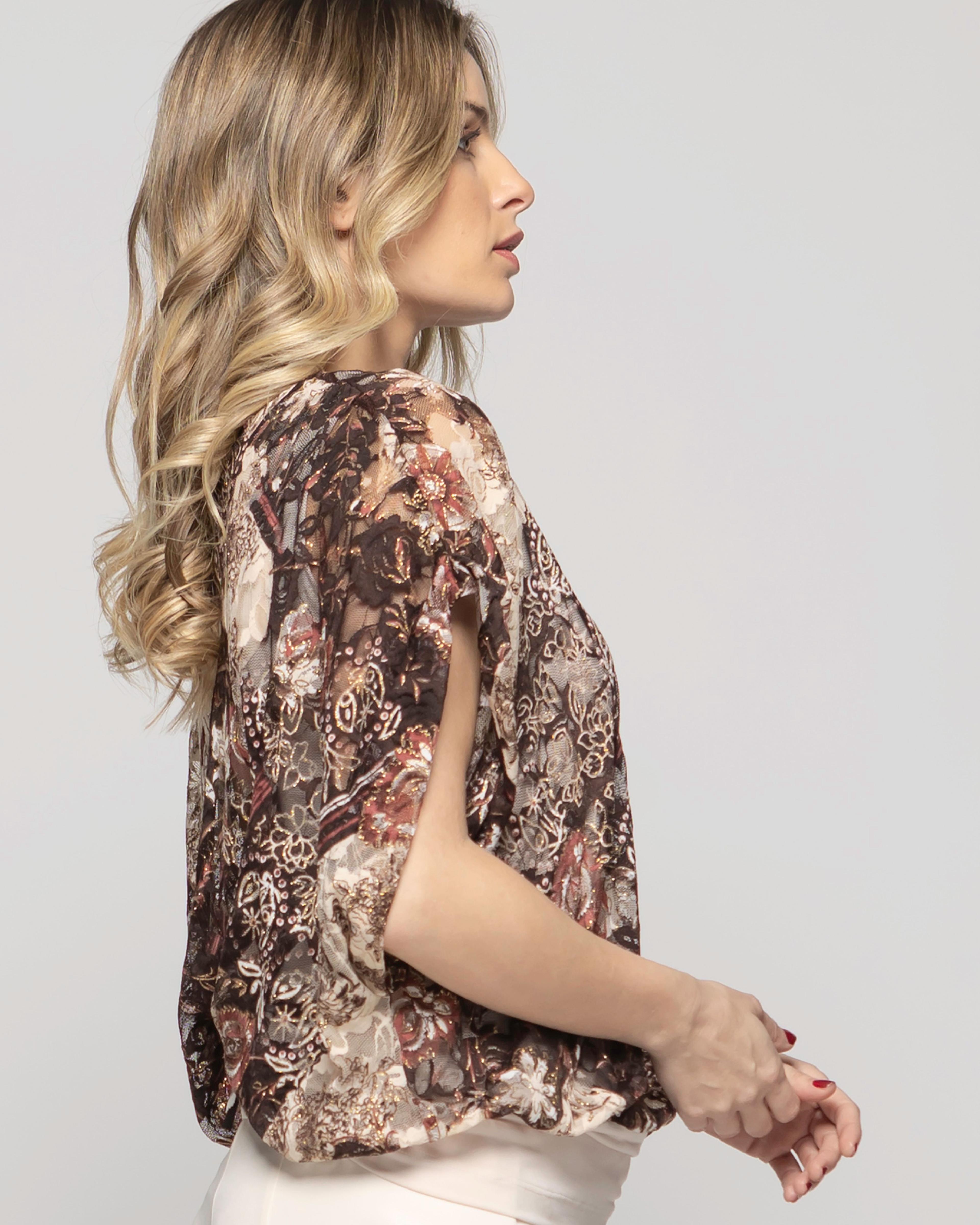 Polera Nigella Manga Caída Encaje Floral Café Chocolate Ludovica-6