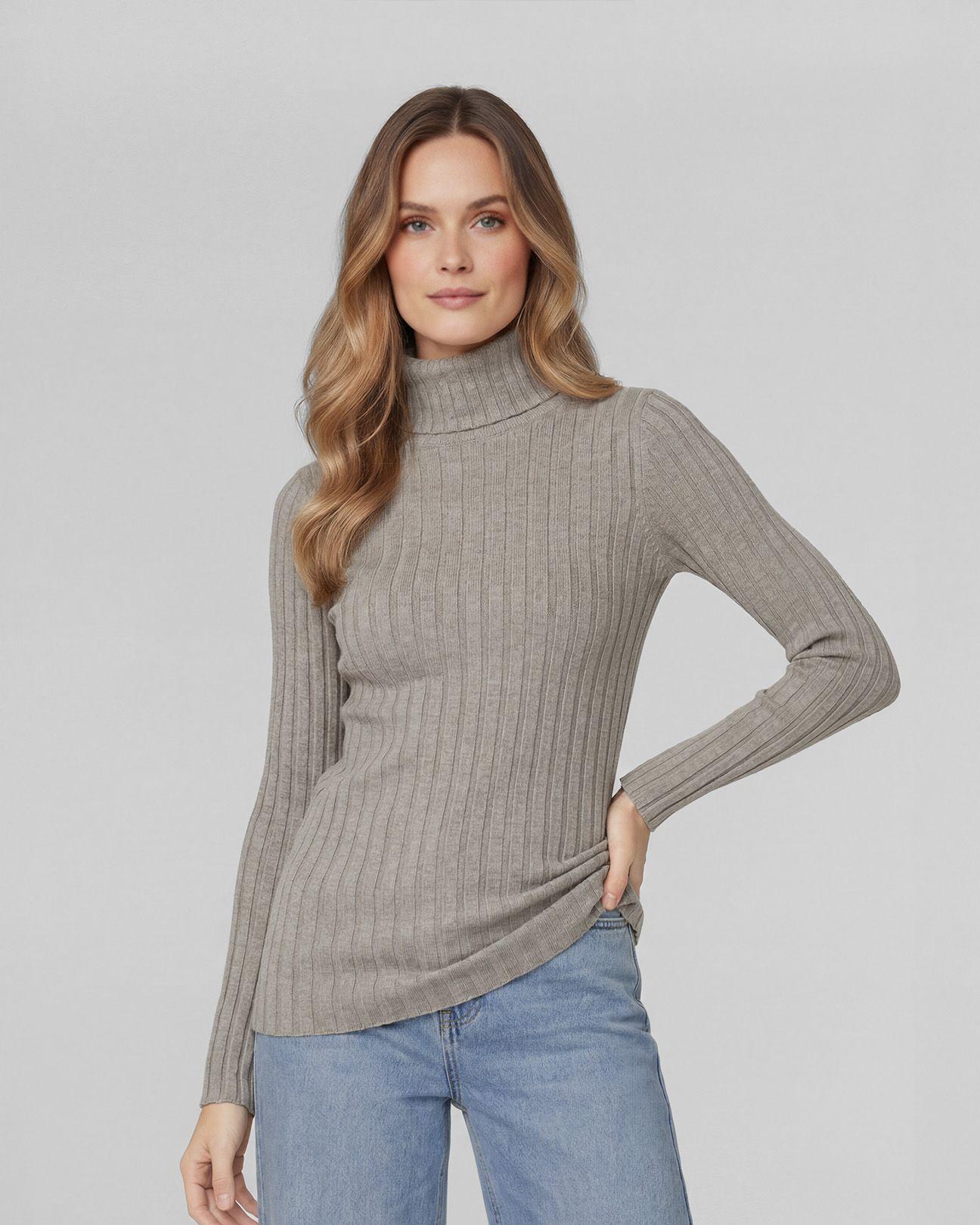 Sweater Mujer Josefa Slim Fit Cuello Alto Redondo Manga Ajustada Fango Lineatre-0