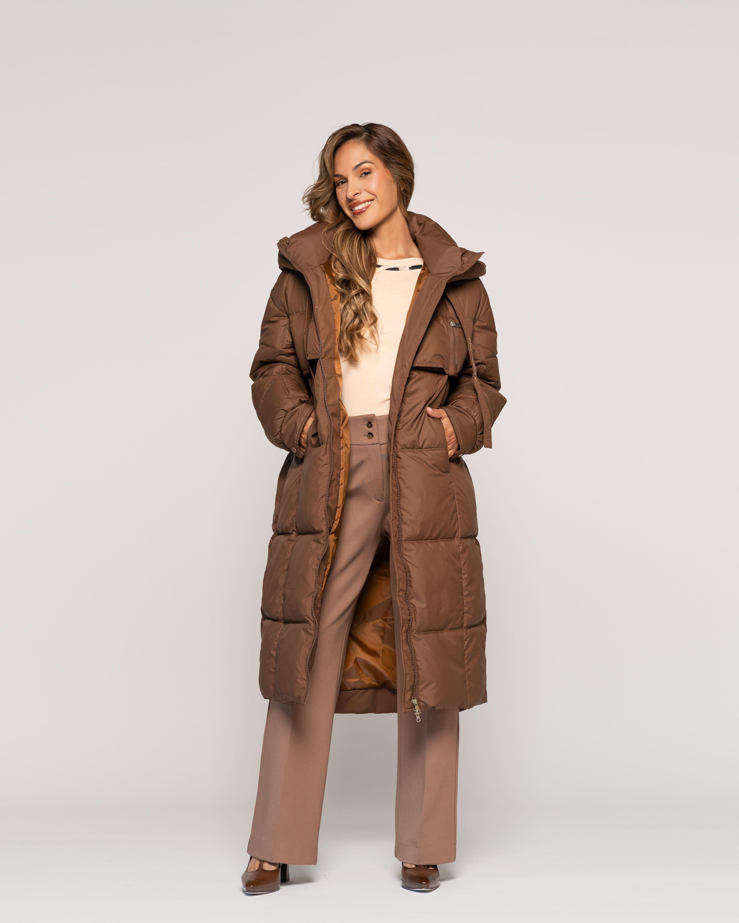 Parka Irene Café Acolchada Largo Medio Capucha Ludovica-0