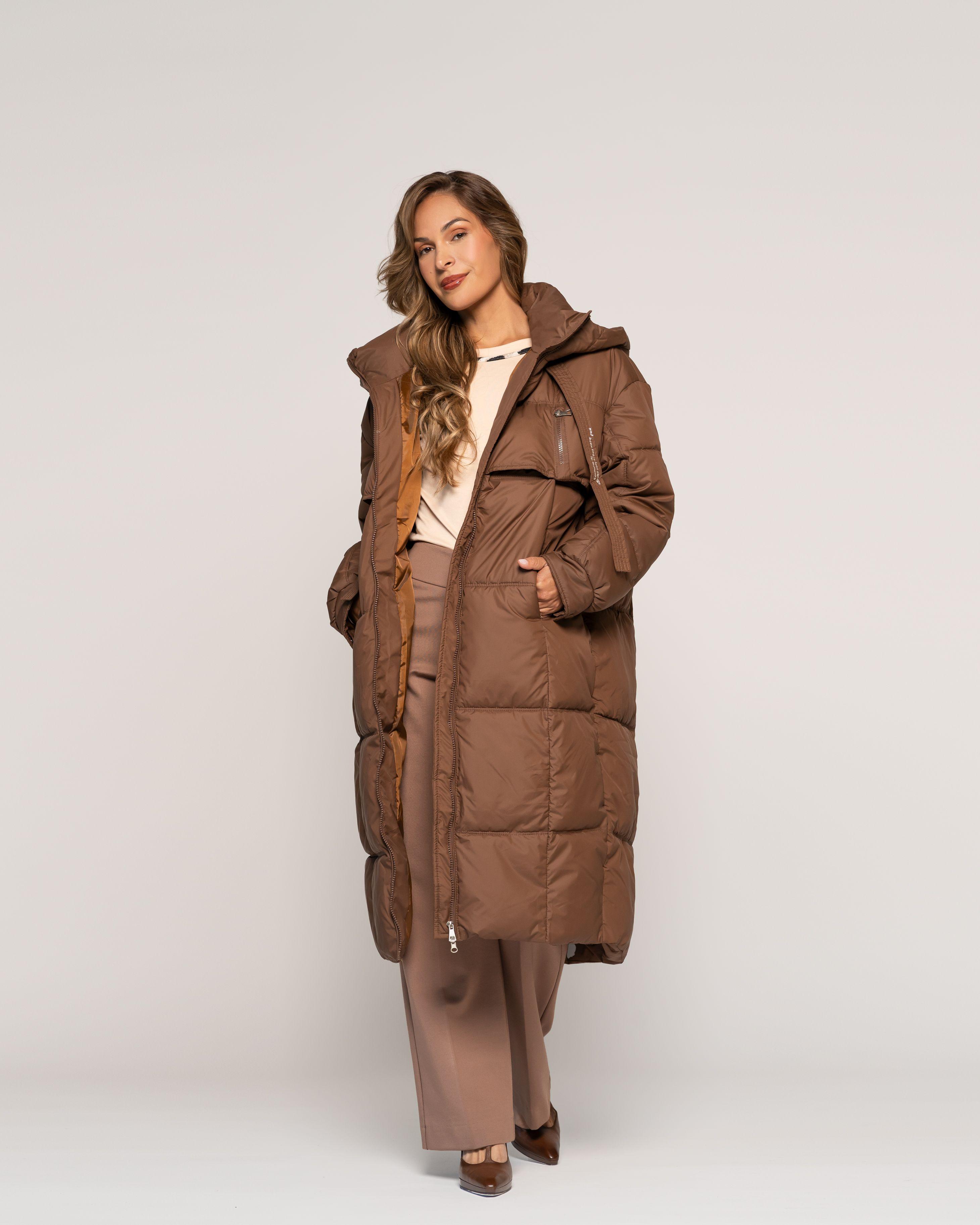 Parka Irene Café Acolchada Largo Medio Capucha Ludovica-1