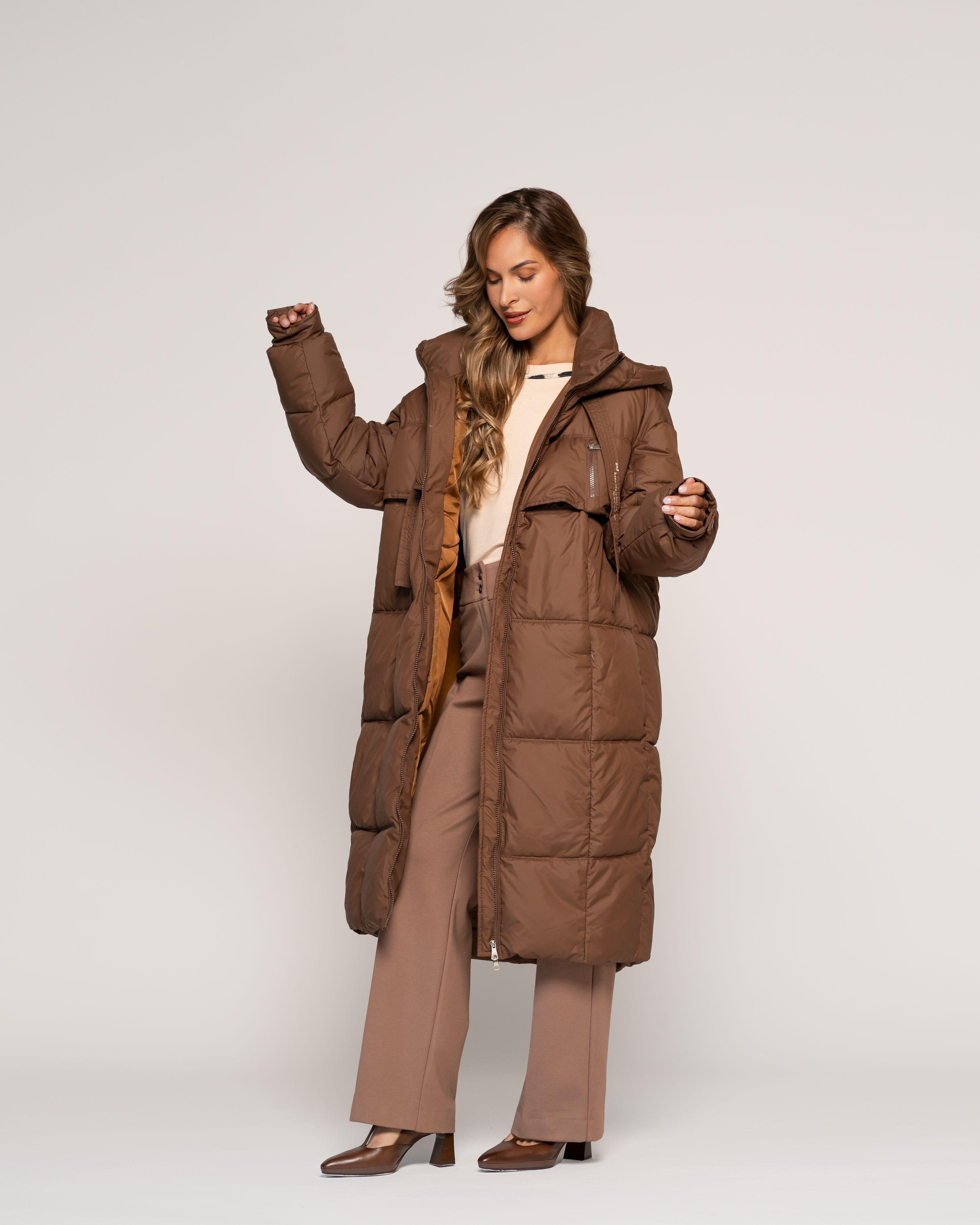 Parka Irene Café Acolchada Largo Medio Capucha Ludovica-2