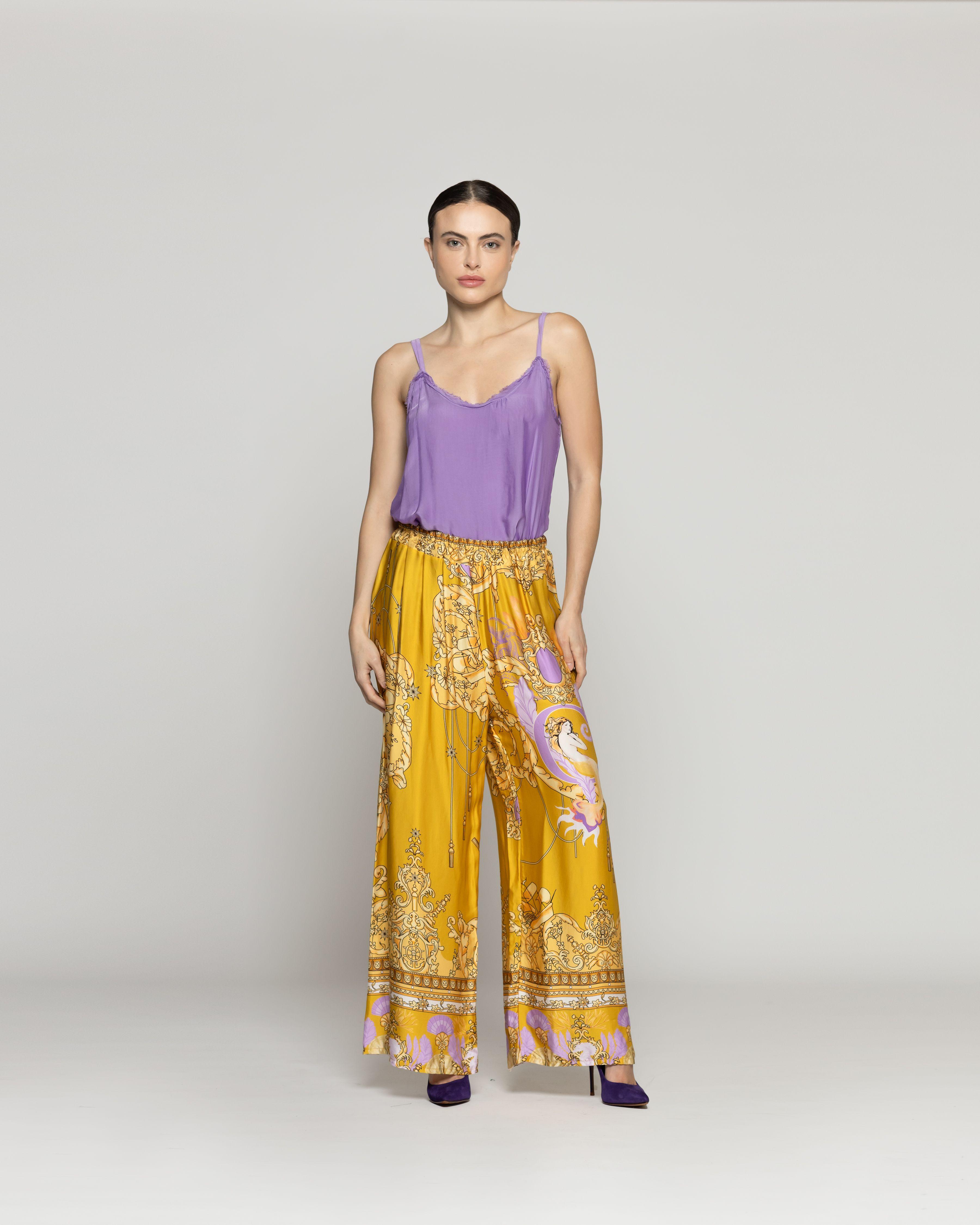 Pantalón Mujer Daniella Palazzo Tipo Satín Amarillo Lineatre-0