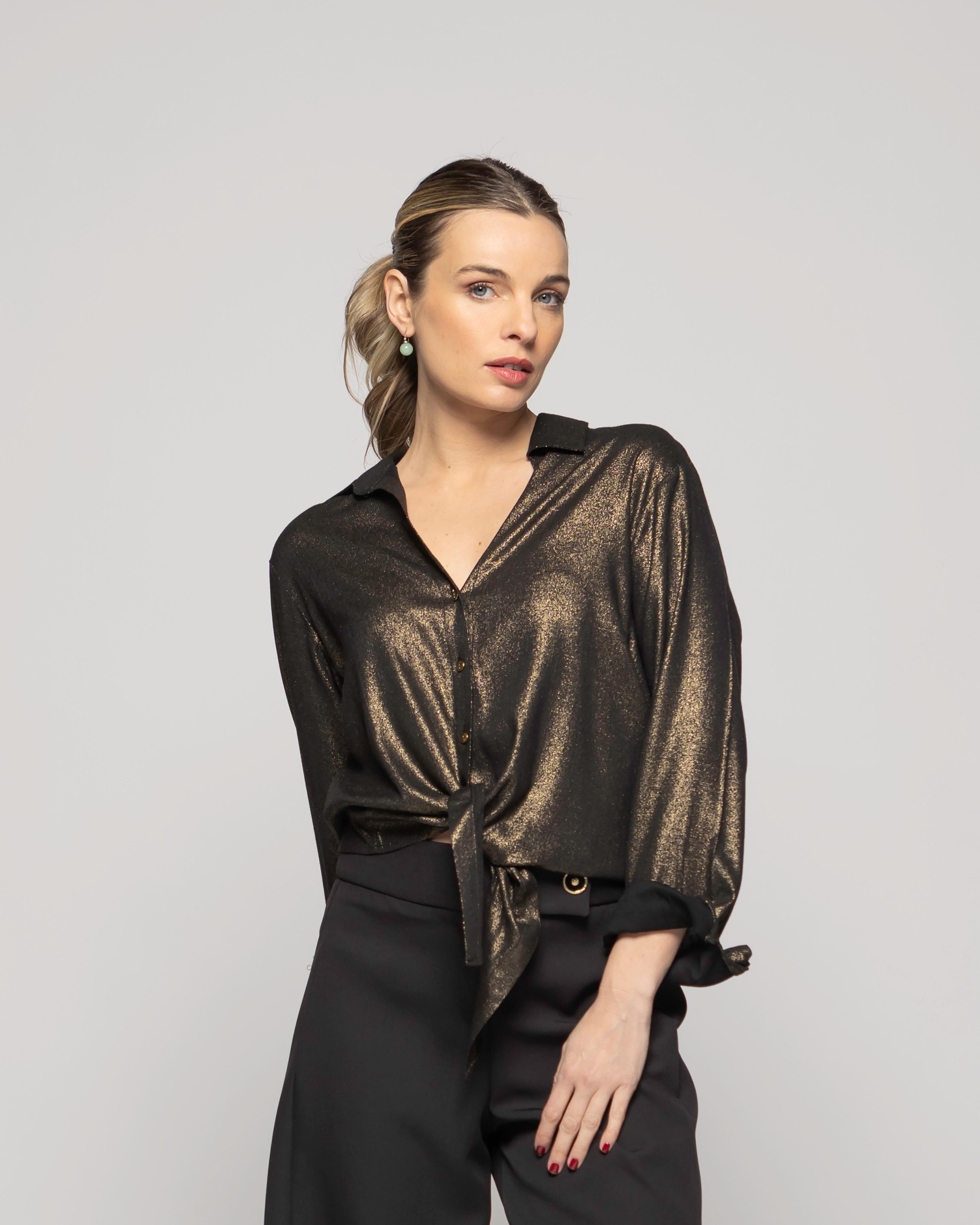 Blusa Mujer Crisantemo Viscosa Manga Larga Y Amarre Frontal Metalizada Ludovica-3