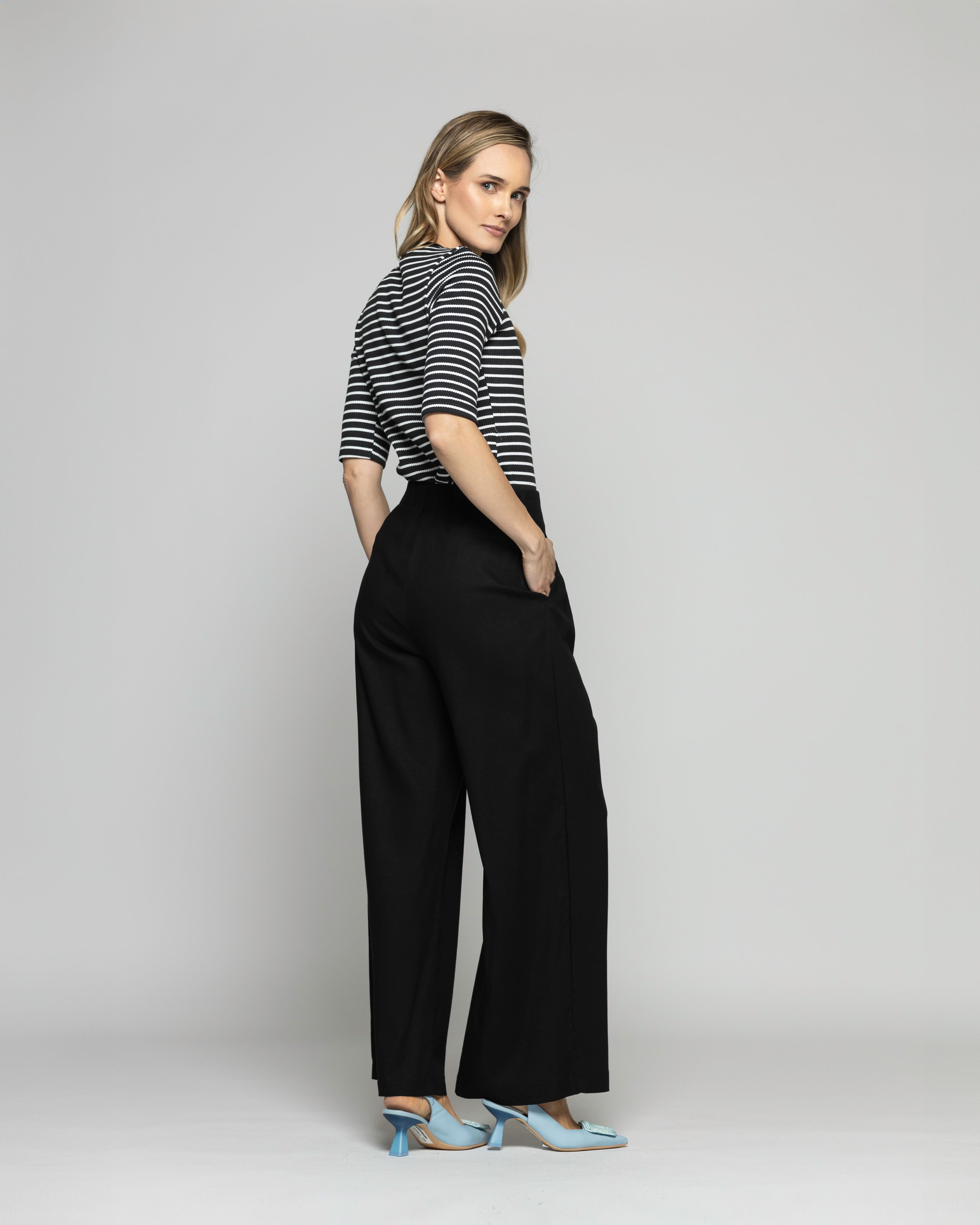 Polera Mujer Orquídea Escote Redondo Manga 3/4 Rayas Blancas Negra-4