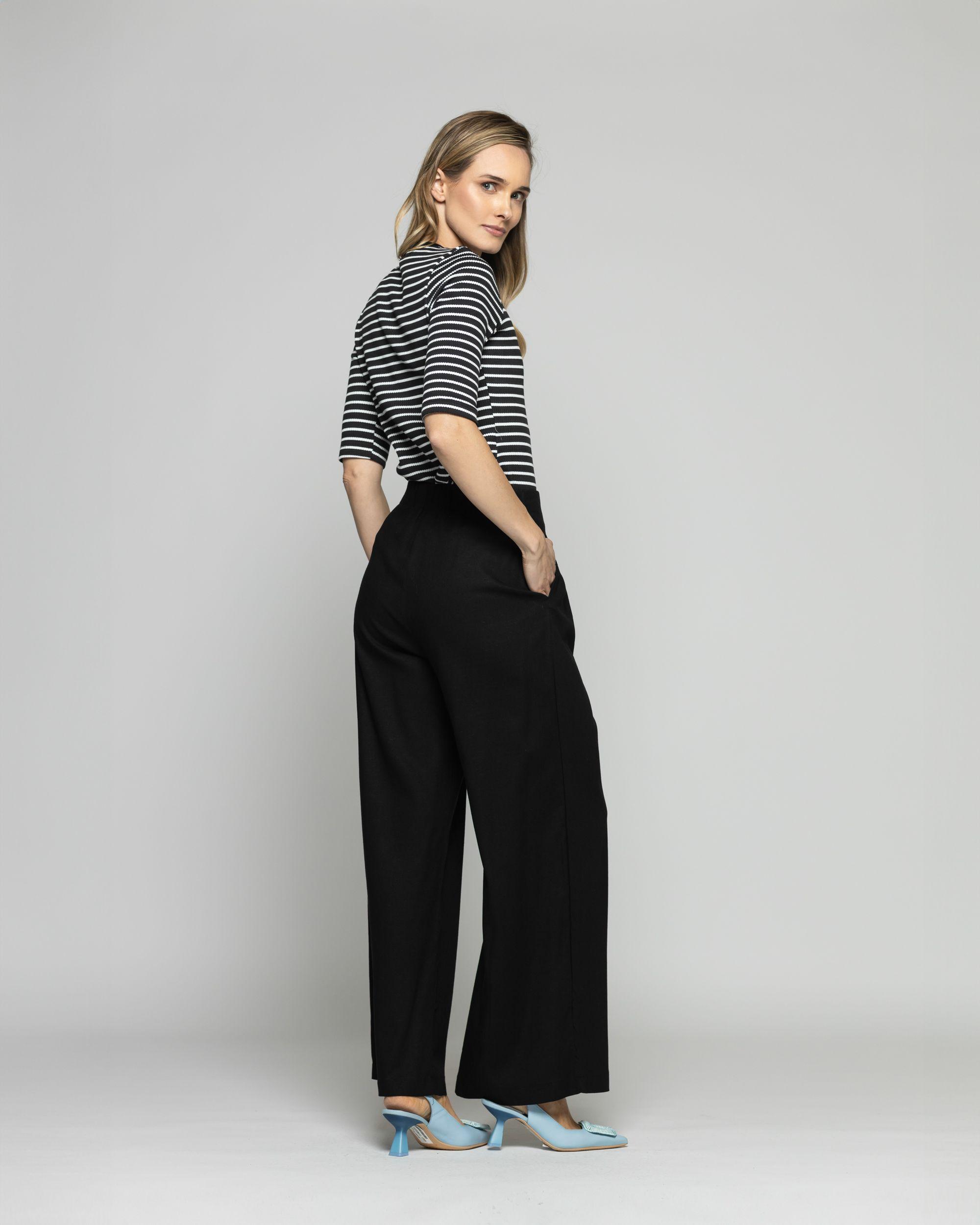 Polera Mujer Orquídea Escote Redondo Manga 3/4 Rayas Blancas Negra-5