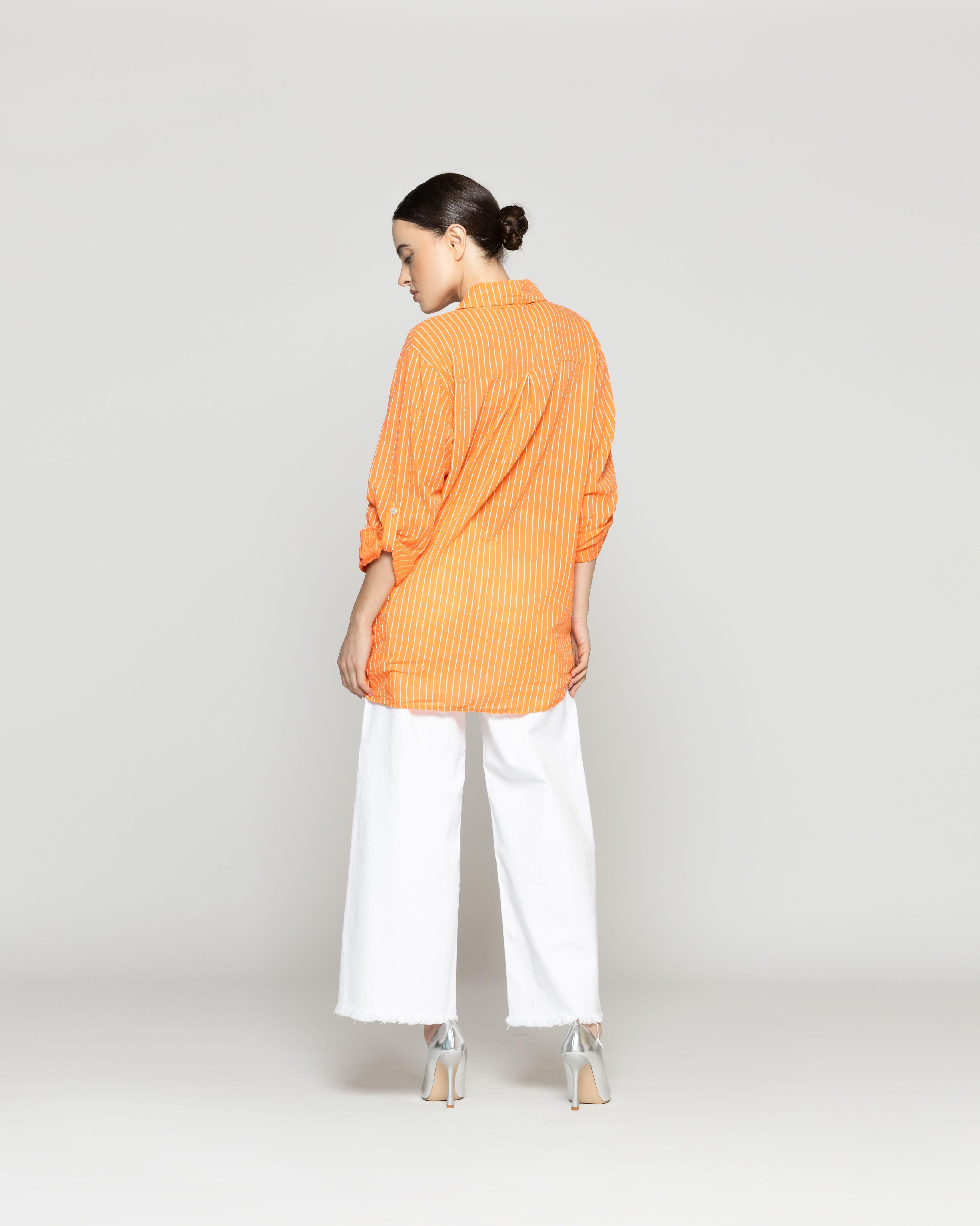 Blusa Mujer Betsabe de Algodón Manga Larga Con Rayas Naranja Lineatre-3
