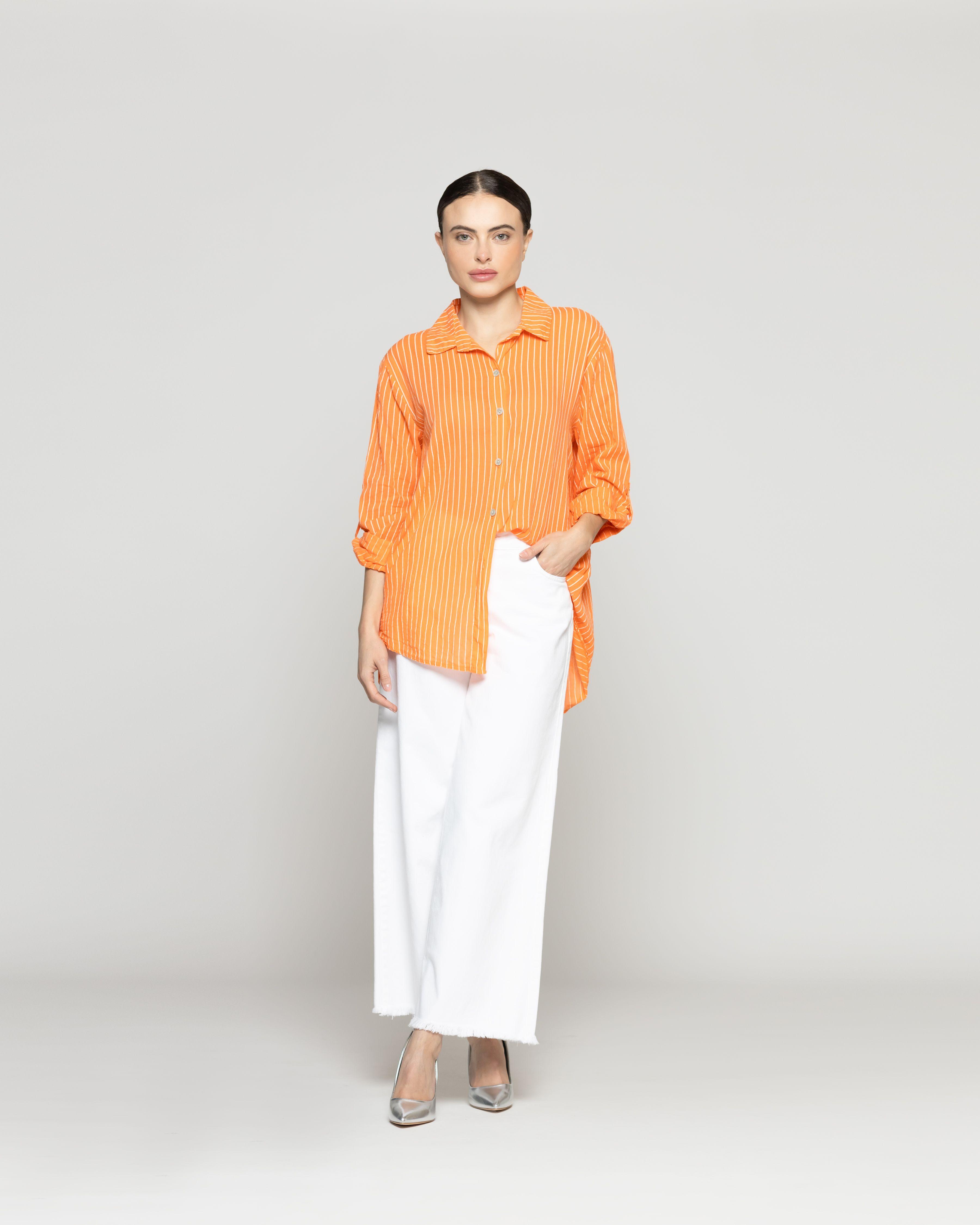Blusa Mujer Betsabe de Algodón Manga Larga Con Rayas Naranja Lineatre-4