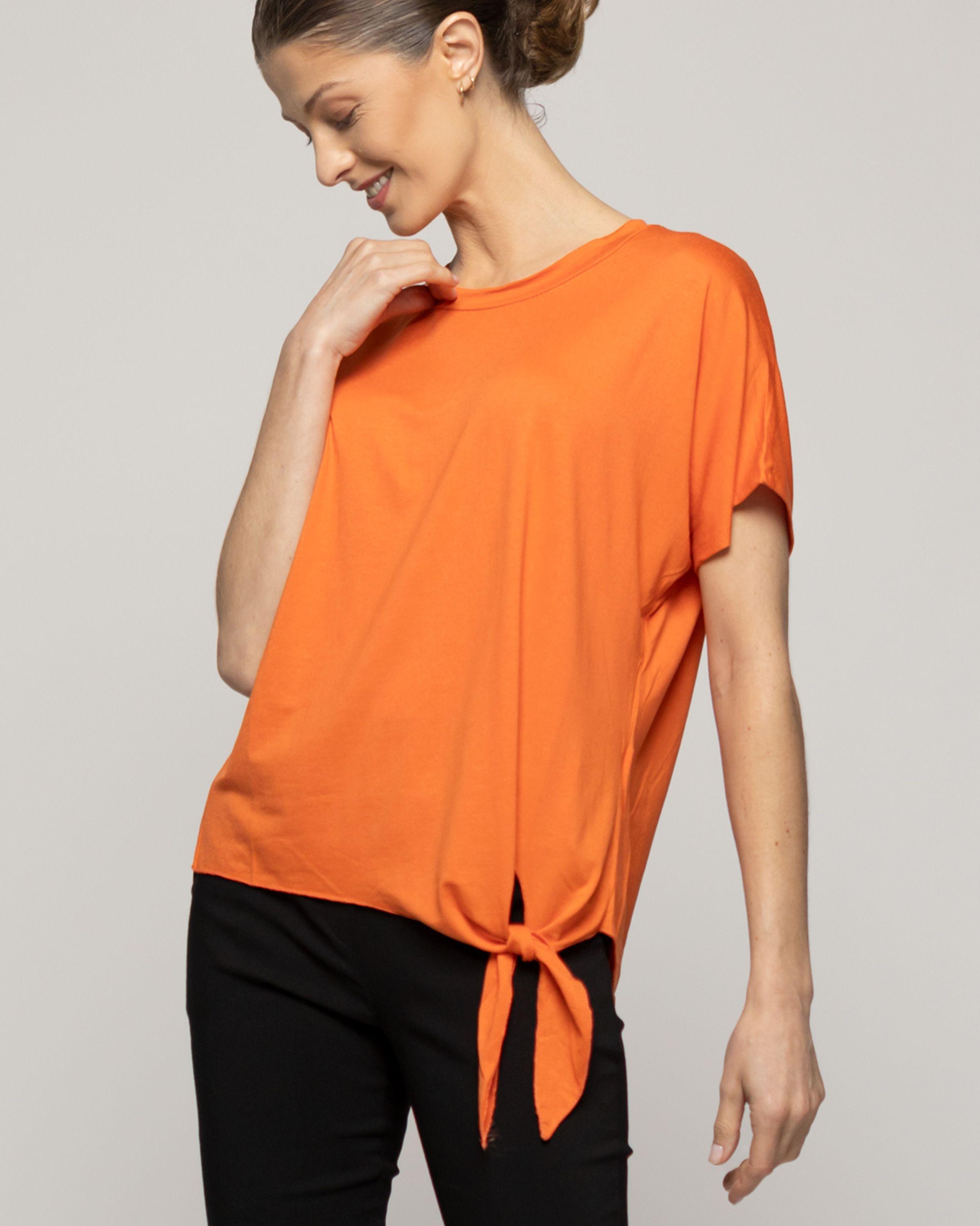 Polera Mujer Orieta Básica Manga Corta Con Amarra Lateral Naranja Lineatre-3