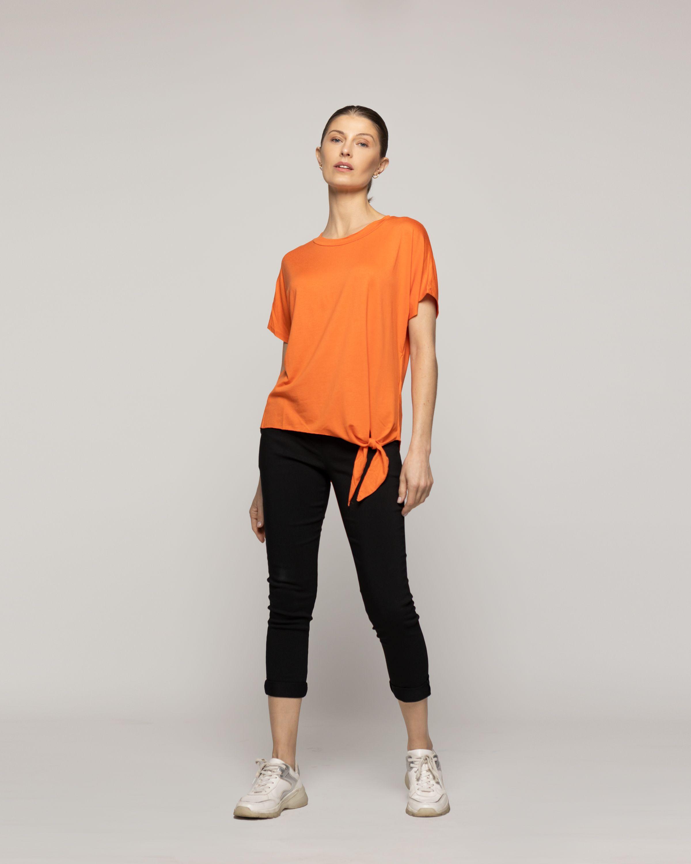 Polera Mujer Orieta Básica Manga Corta Con Amarra Lateral Naranja Lineatre-4