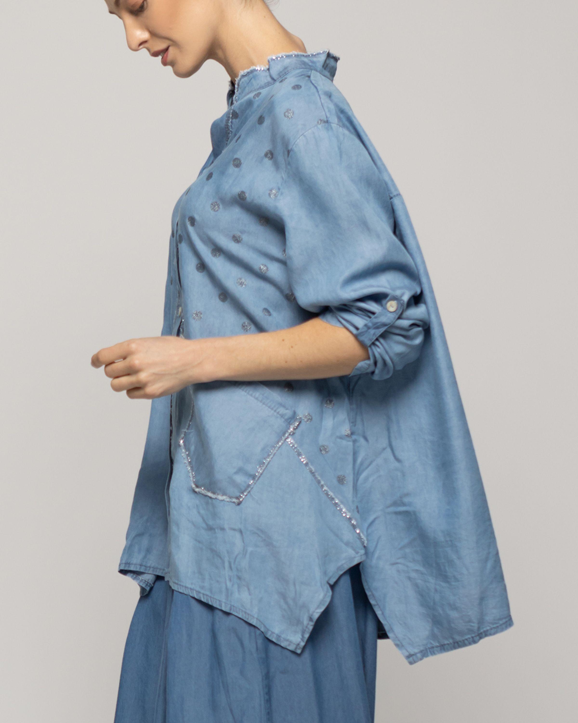 Blusa Mujer Belle Oversize Con Bolsillos Y Diseño De Puntos Brillante Azul Lineatre-3