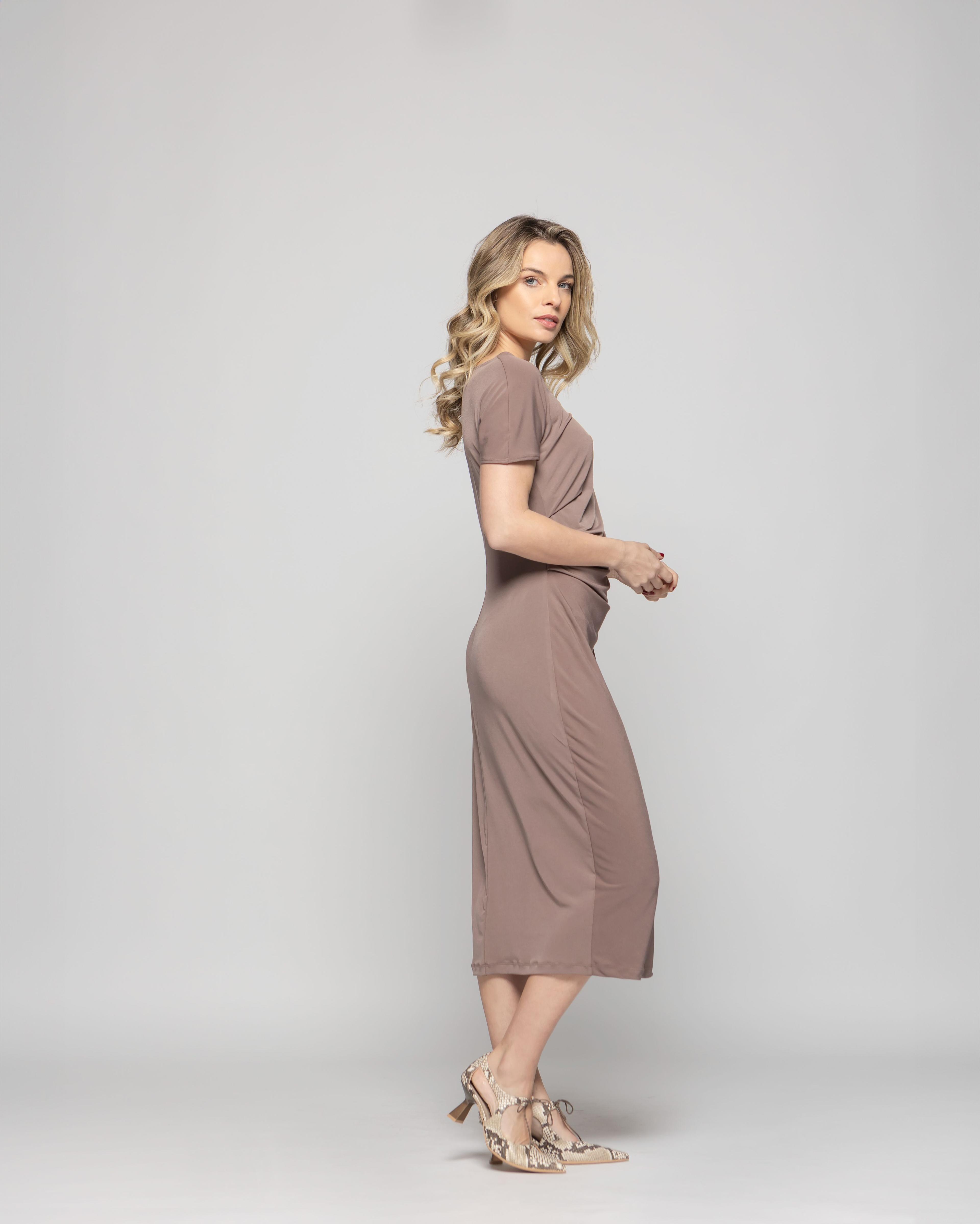 Vestido Mujer Alelí Midi Manga Corta Drapeado En Cintura Café Taupe Ludovica-5