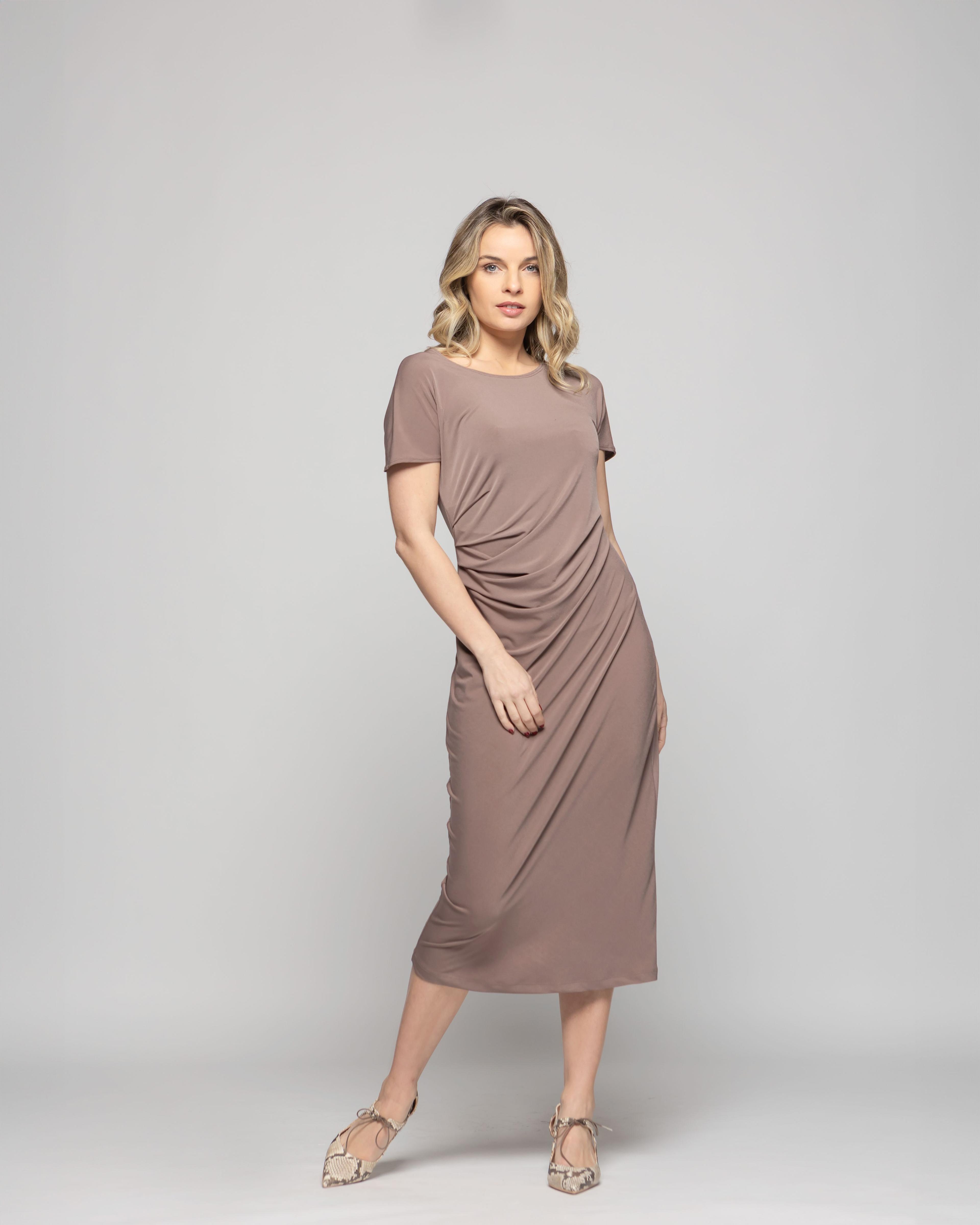 Vestido Mujer Alelí Midi Manga Corta Drapeado En Cintura Café Taupe Ludovica-9