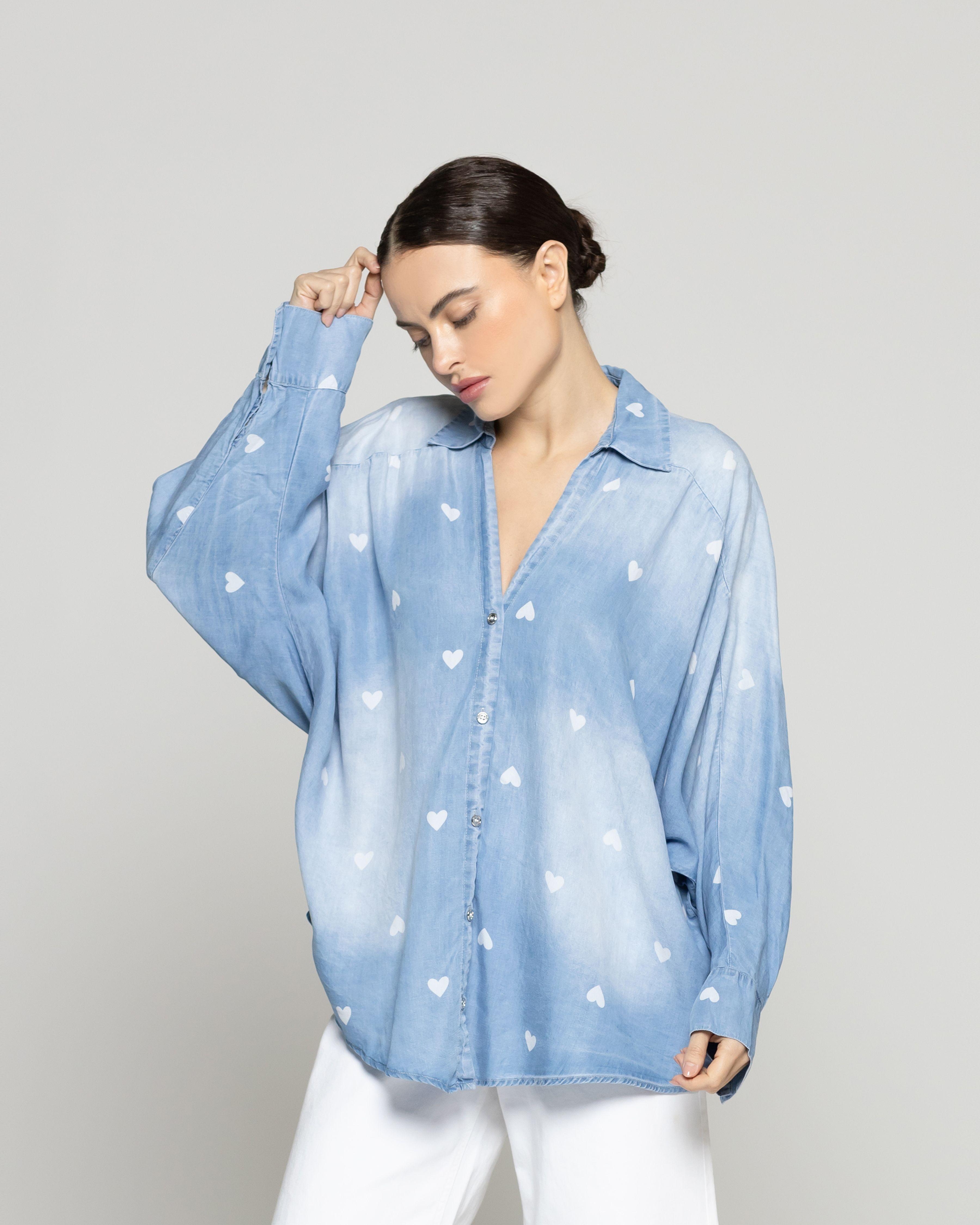 Blusa Mujer Braya Camisera con Corazones Denim Desgastado Lineatre-0