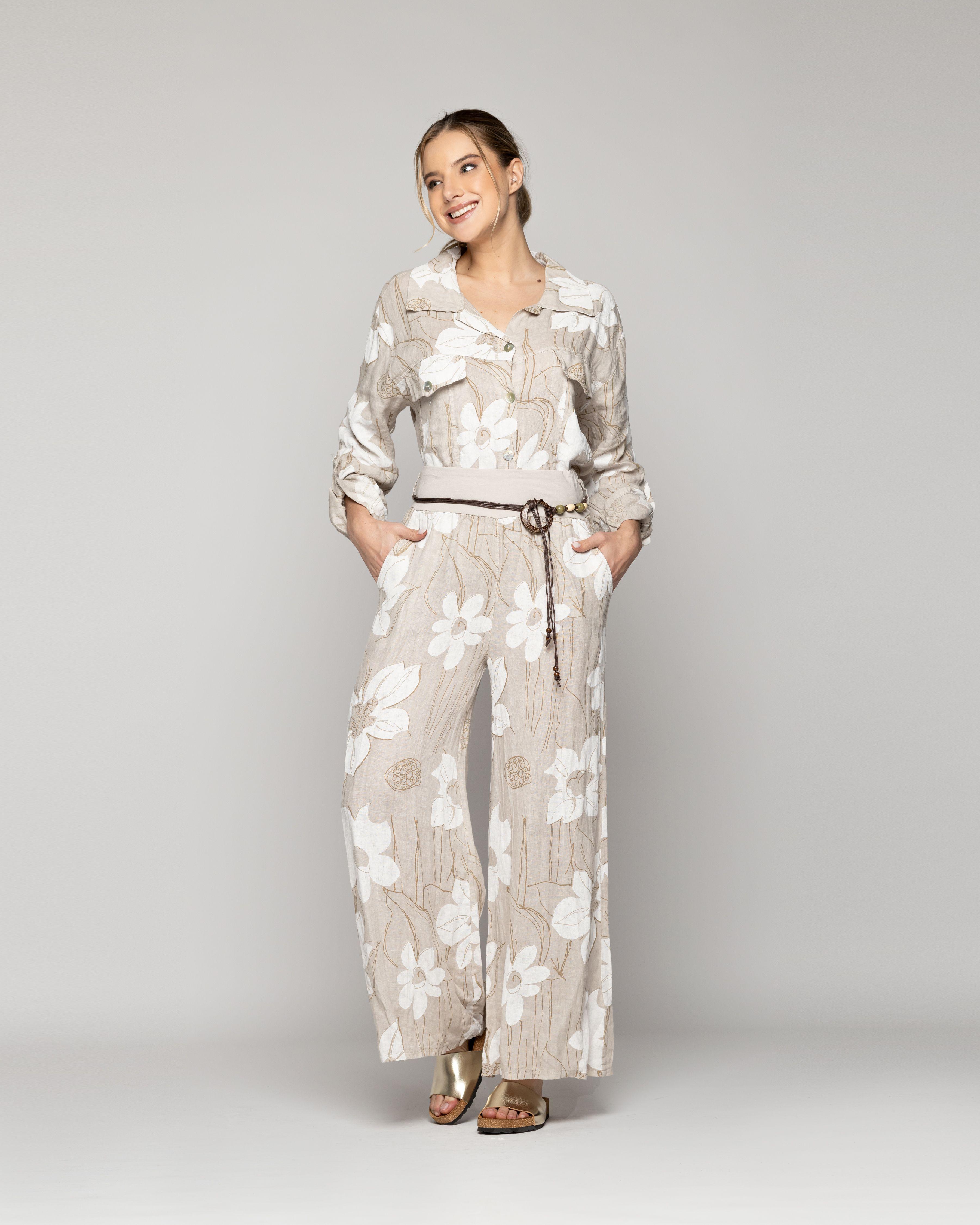 Pantalón Mujer Carmen De Lino Con Estampado Floral Beige Lineatre-0
