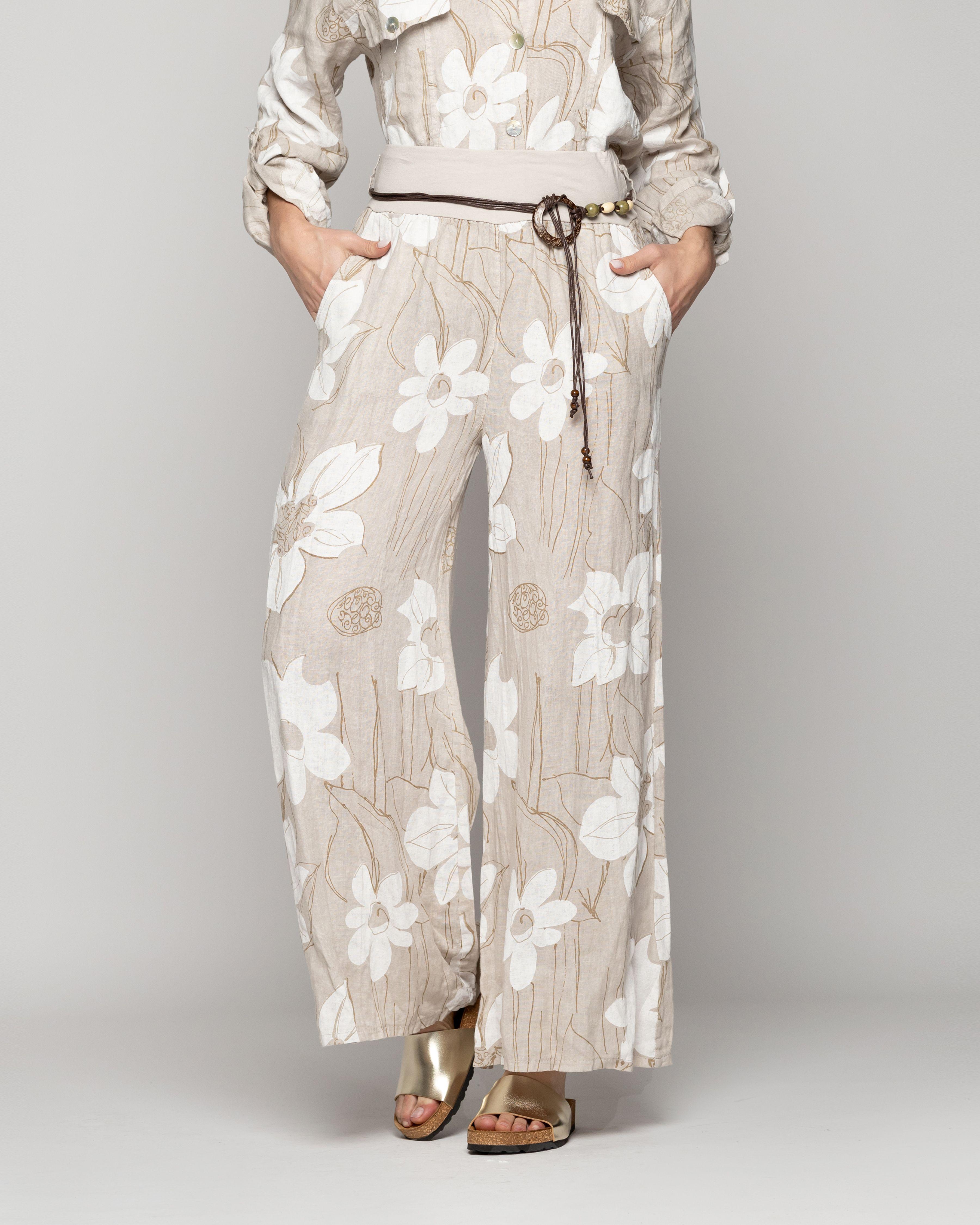 Pantalón Mujer Carmen De Lino Con Estampado Floral Beige Lineatre-1