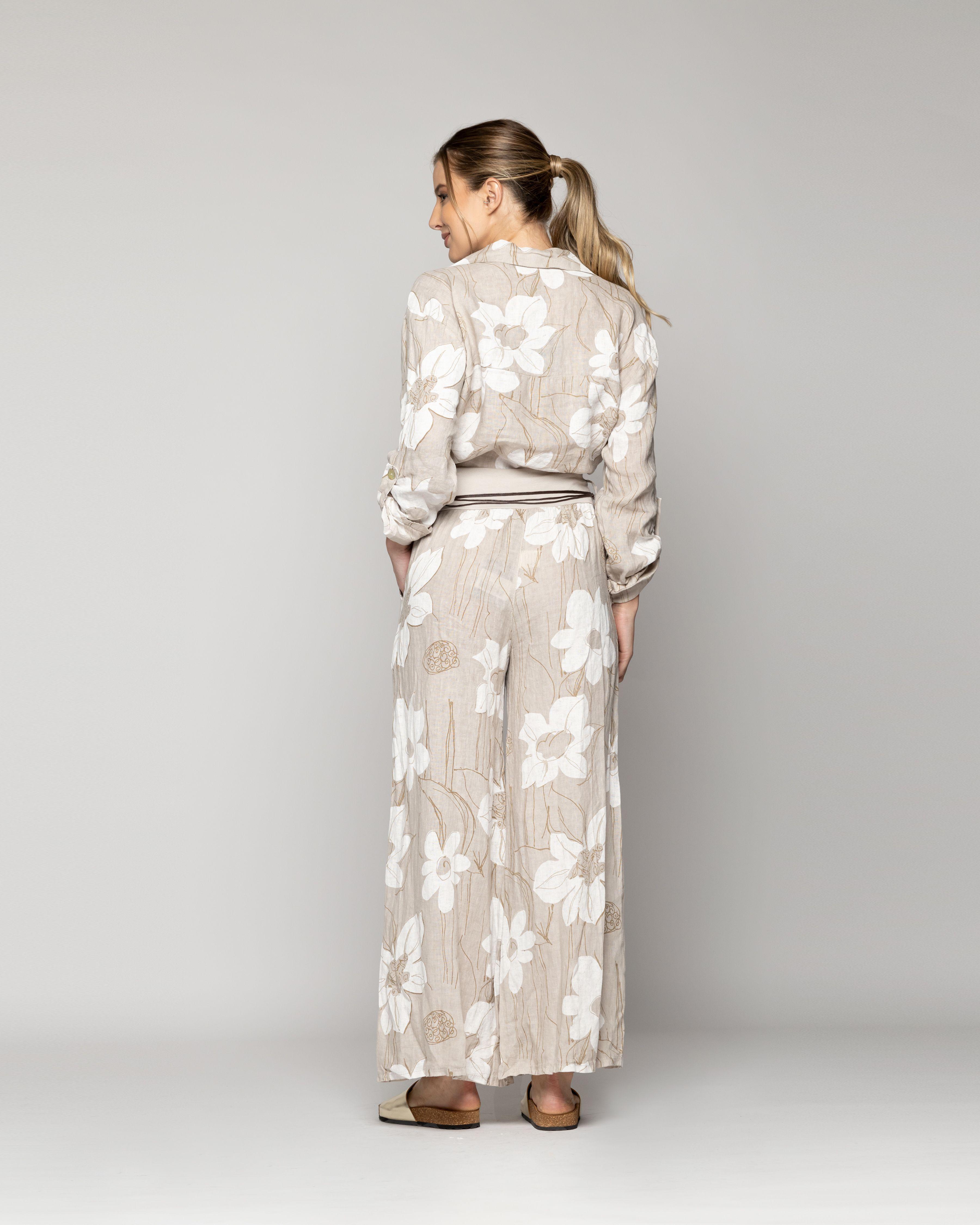 Pantalón Mujer Carmen De Lino Con Estampado Floral Beige Lineatre-3