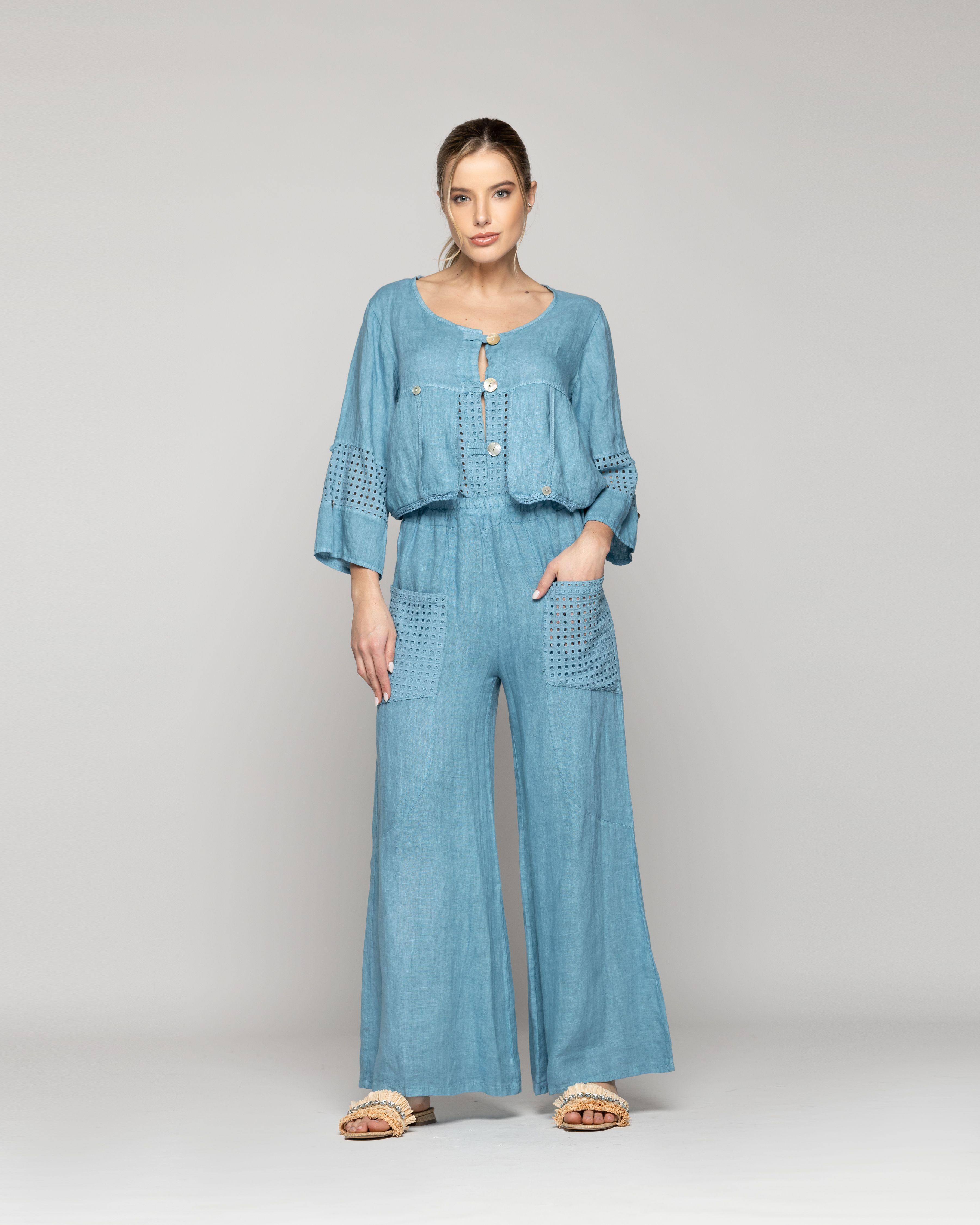 Pantalón Mujer Celestina Palazzo De Lino Con Elástico Y Detalles Calados Lineatre-0
