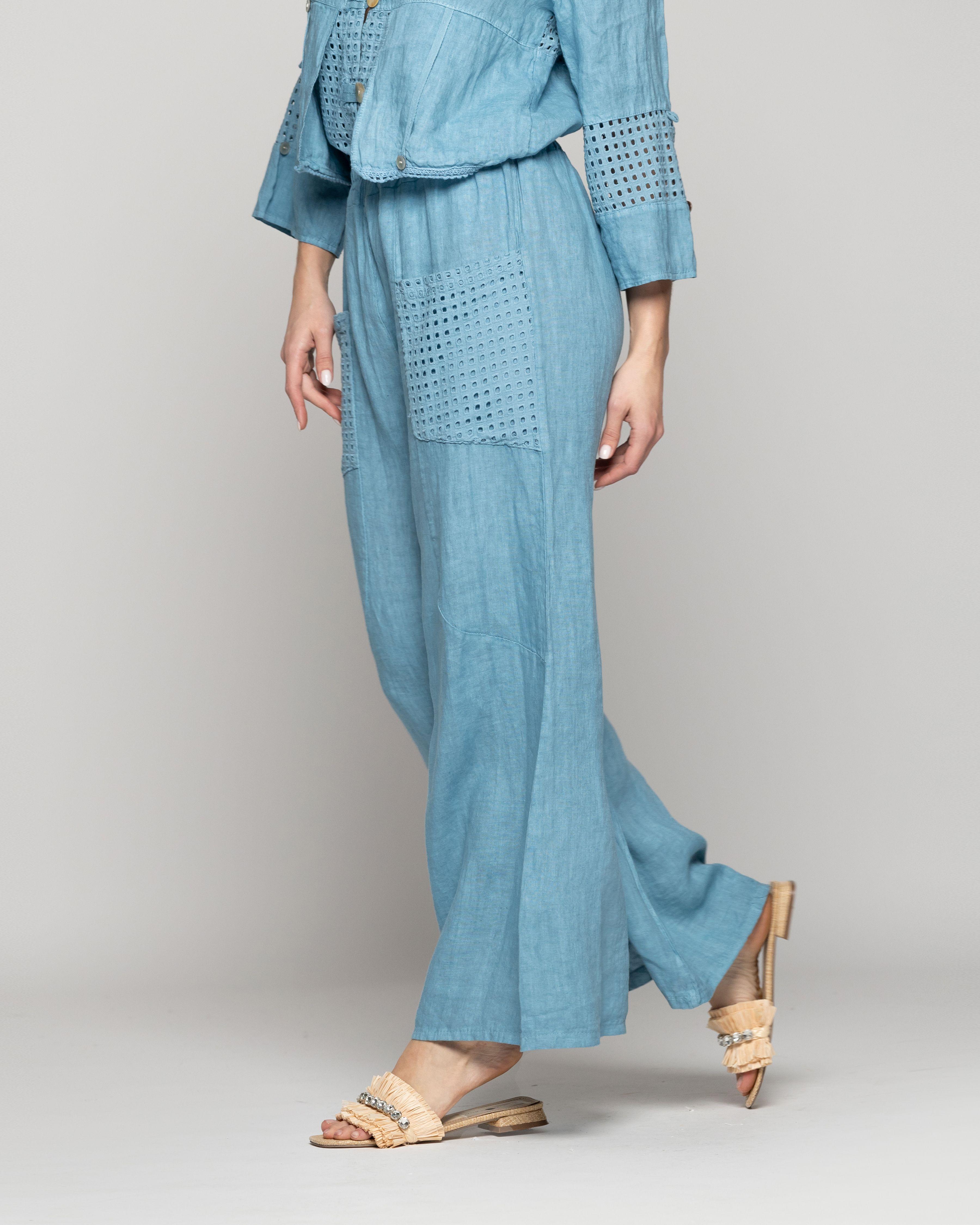 Pantalón Mujer Celestina Palazzo De Lino Con Elástico Y Detalles Calados Lineatre-1