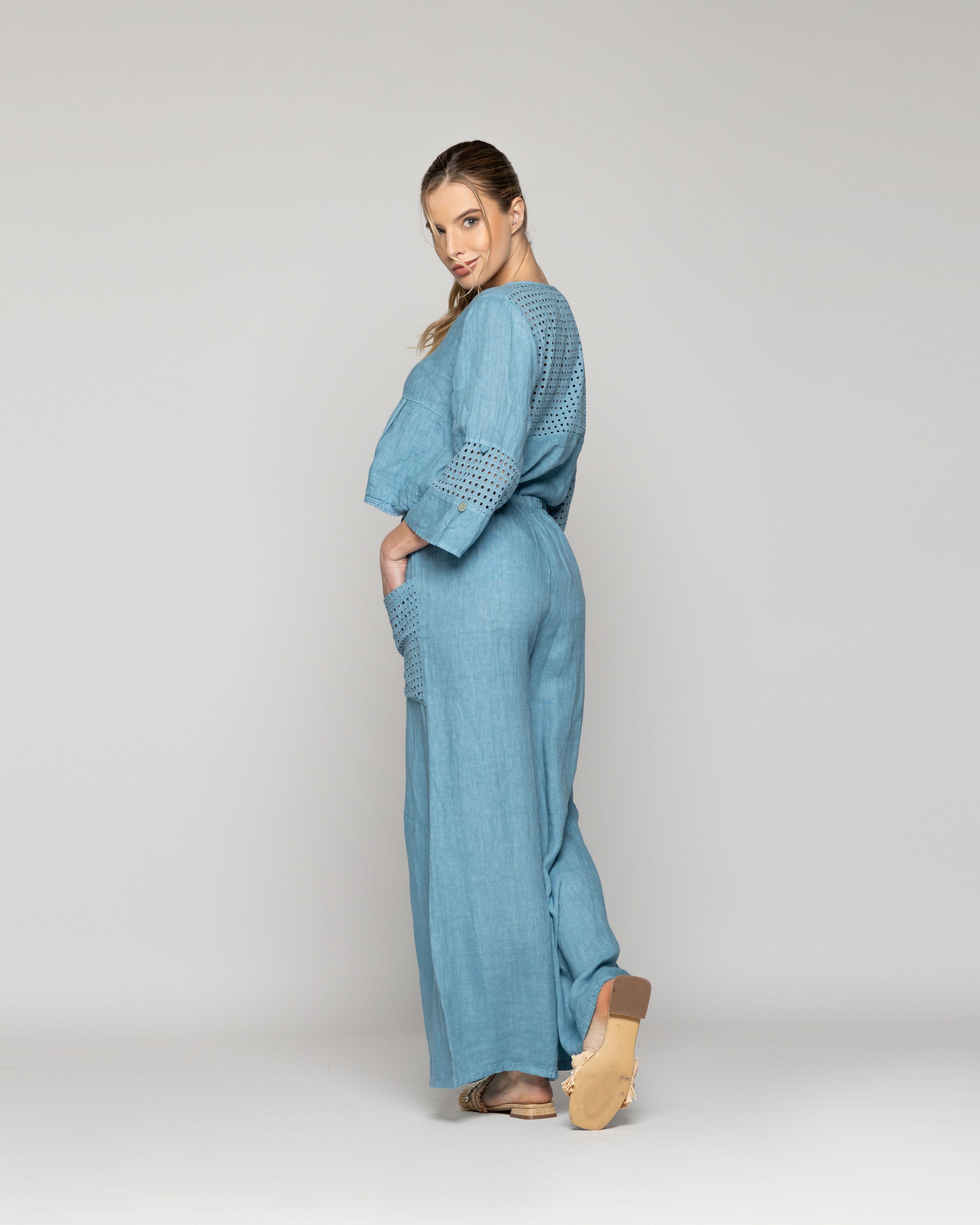 Pantalón Mujer Celestina Palazzo De Lino Con Elástico Y Detalles Calados Lineatre-2