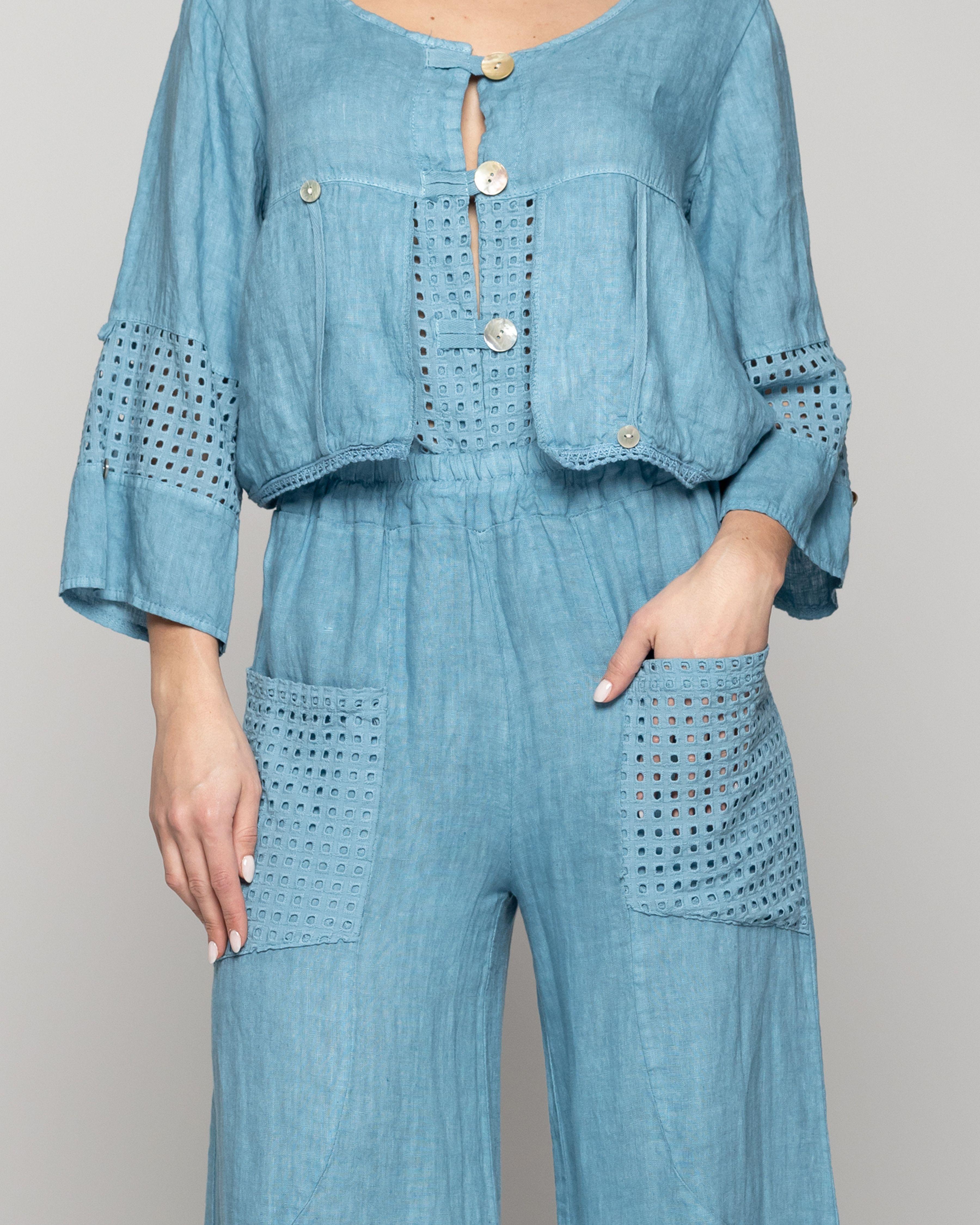 Pantalón Mujer Celestina Palazzo De Lino Con Elástico Y Detalles Calados Lineatre-3