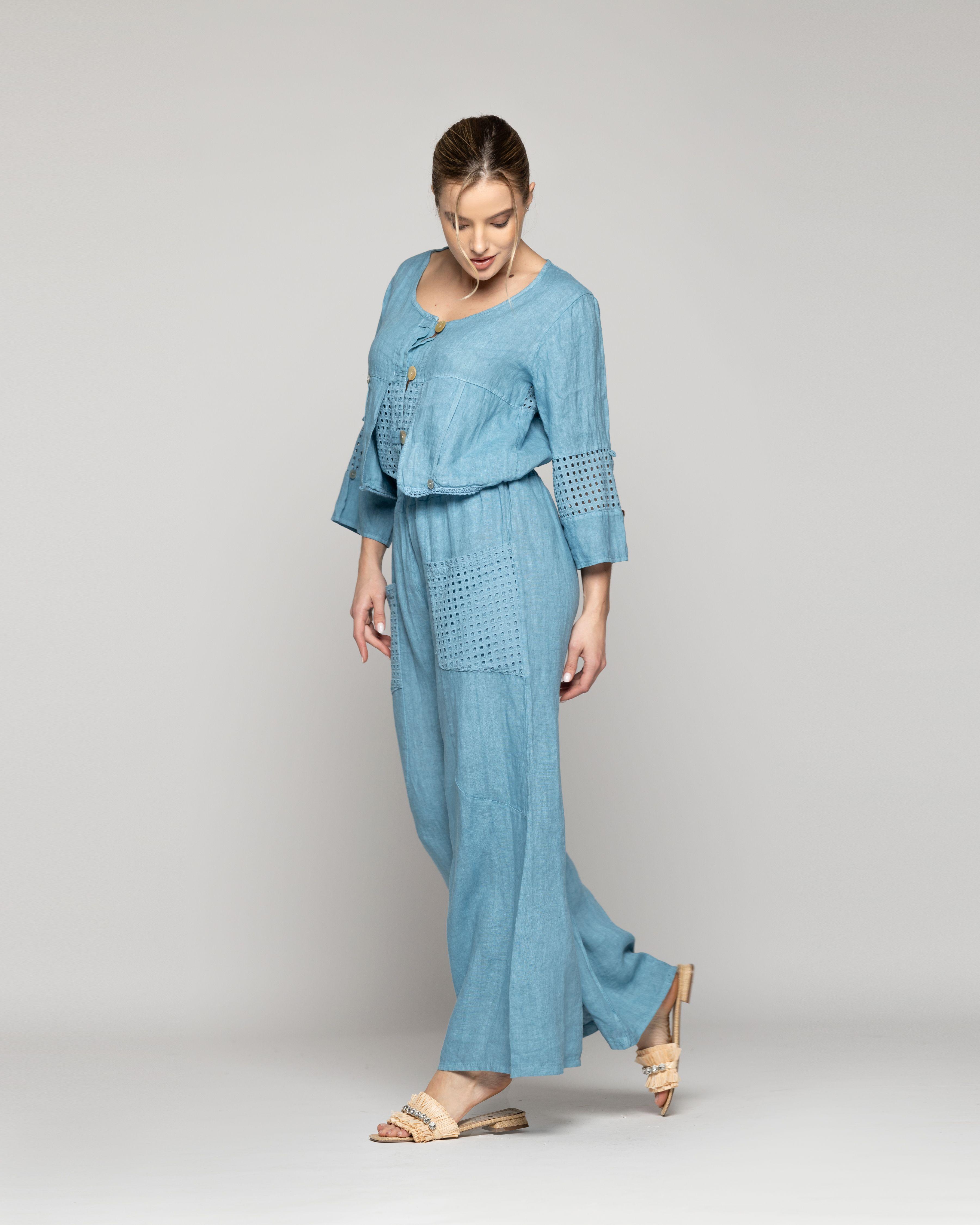 Pantalón Mujer Celestina Palazzo De Lino Con Elástico Y Detalles Calados Lineatre-4