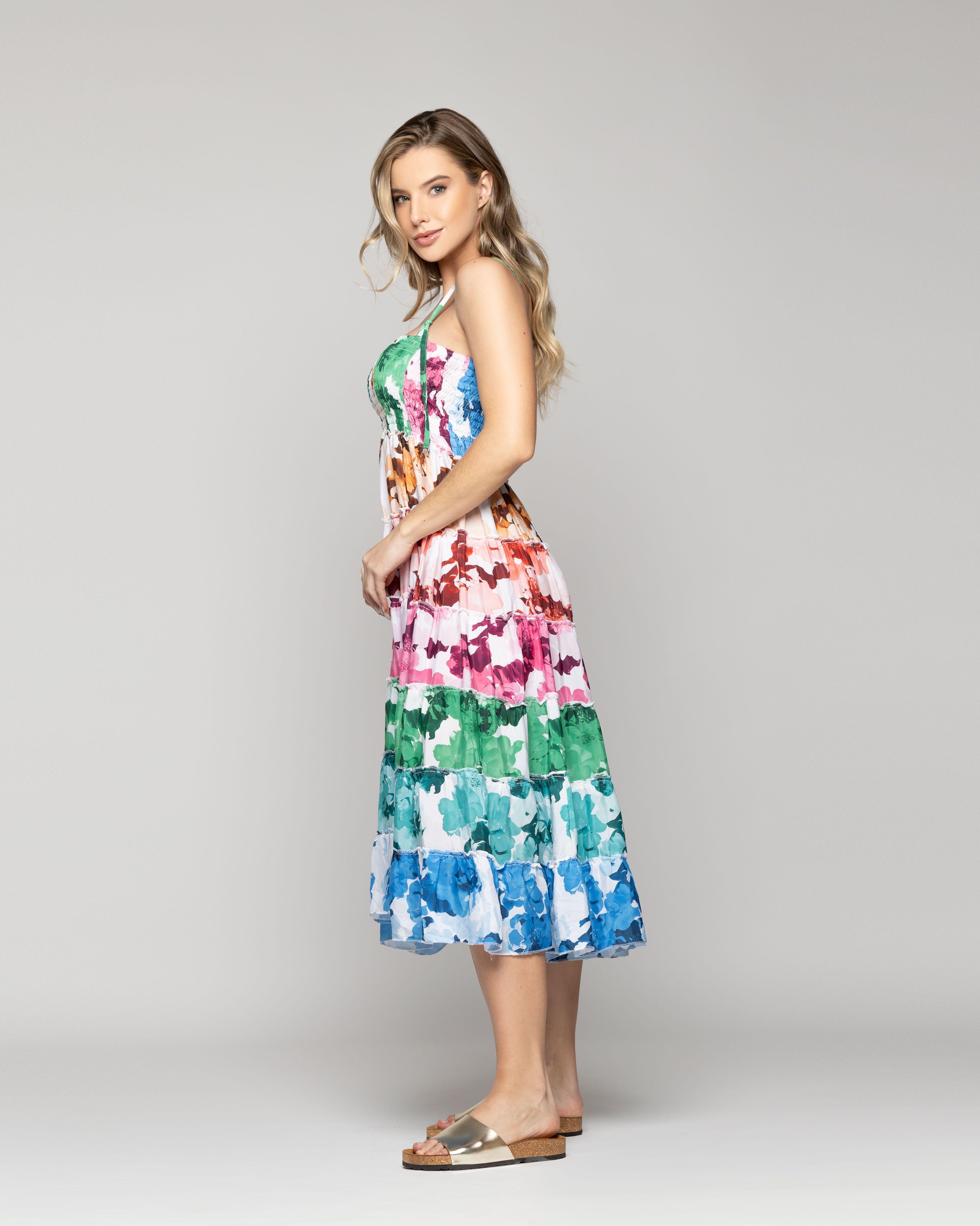 Vestido Mujer Velinda Con Vuelos Y Elasticado Estampado Multicolor Lineatre-1