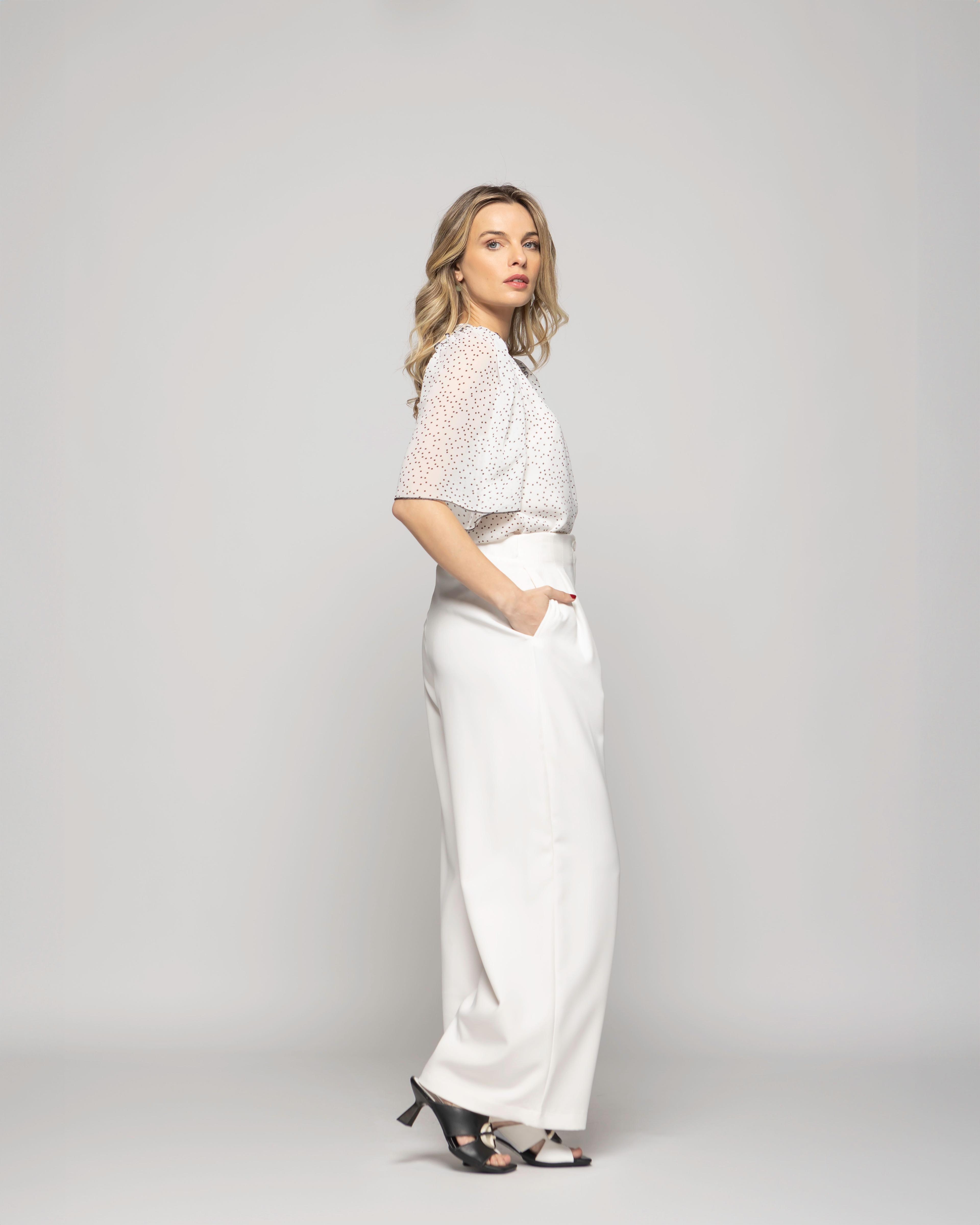 Blusa Mujer Bouvardia Escote V Mini Lunares Blanca Ludovica-8