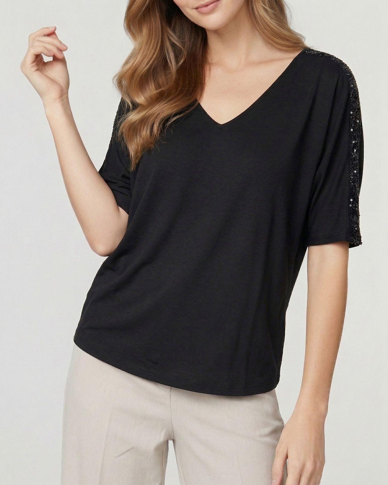 Poleron Mujer Montserrat Relaxed Cuello En V Manga Caída Negro Lineatre-2
