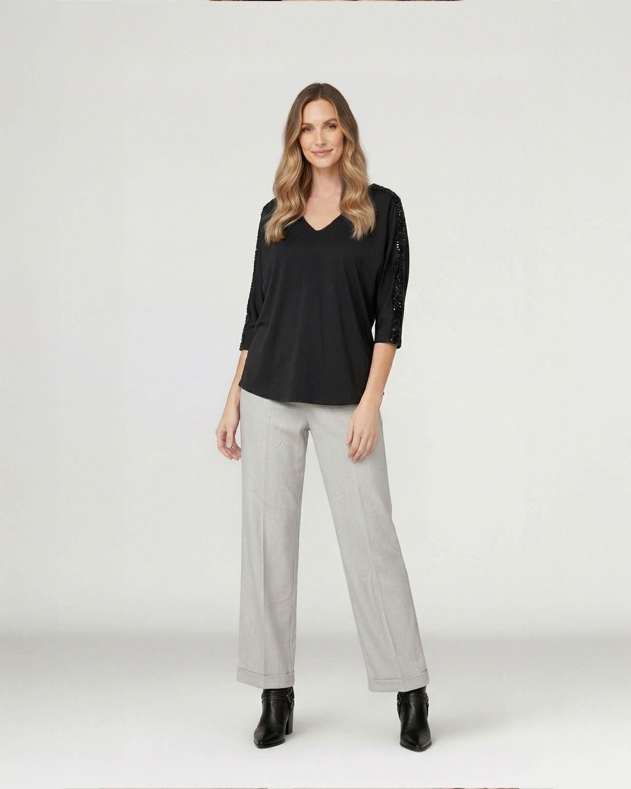 Poleron Mujer Montserrat Relaxed Cuello En V Manga Caída Negro Lineatre-3