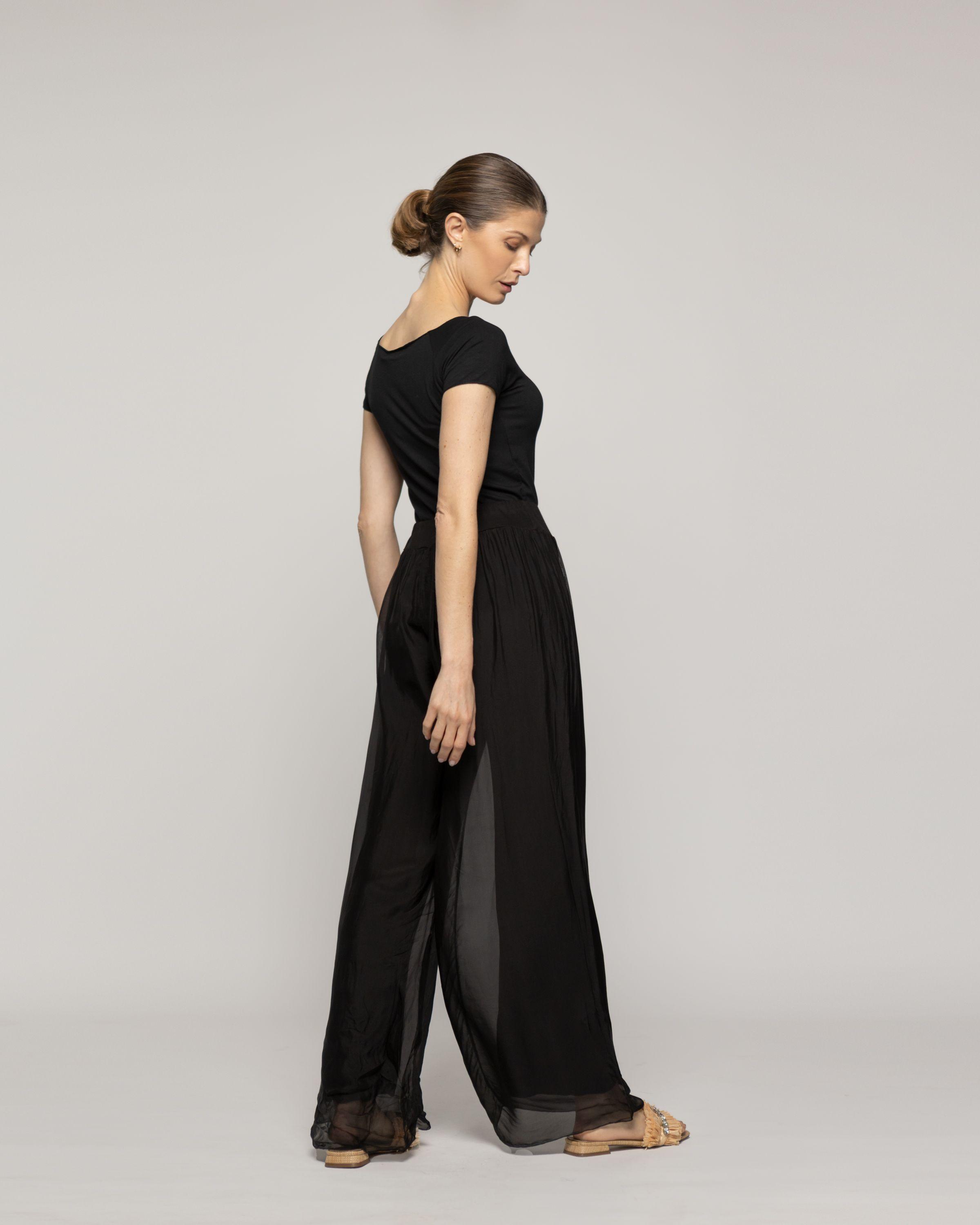 Pantalón Mujer Perla Palazzo Tipo Satín Negro Lineatre-2
