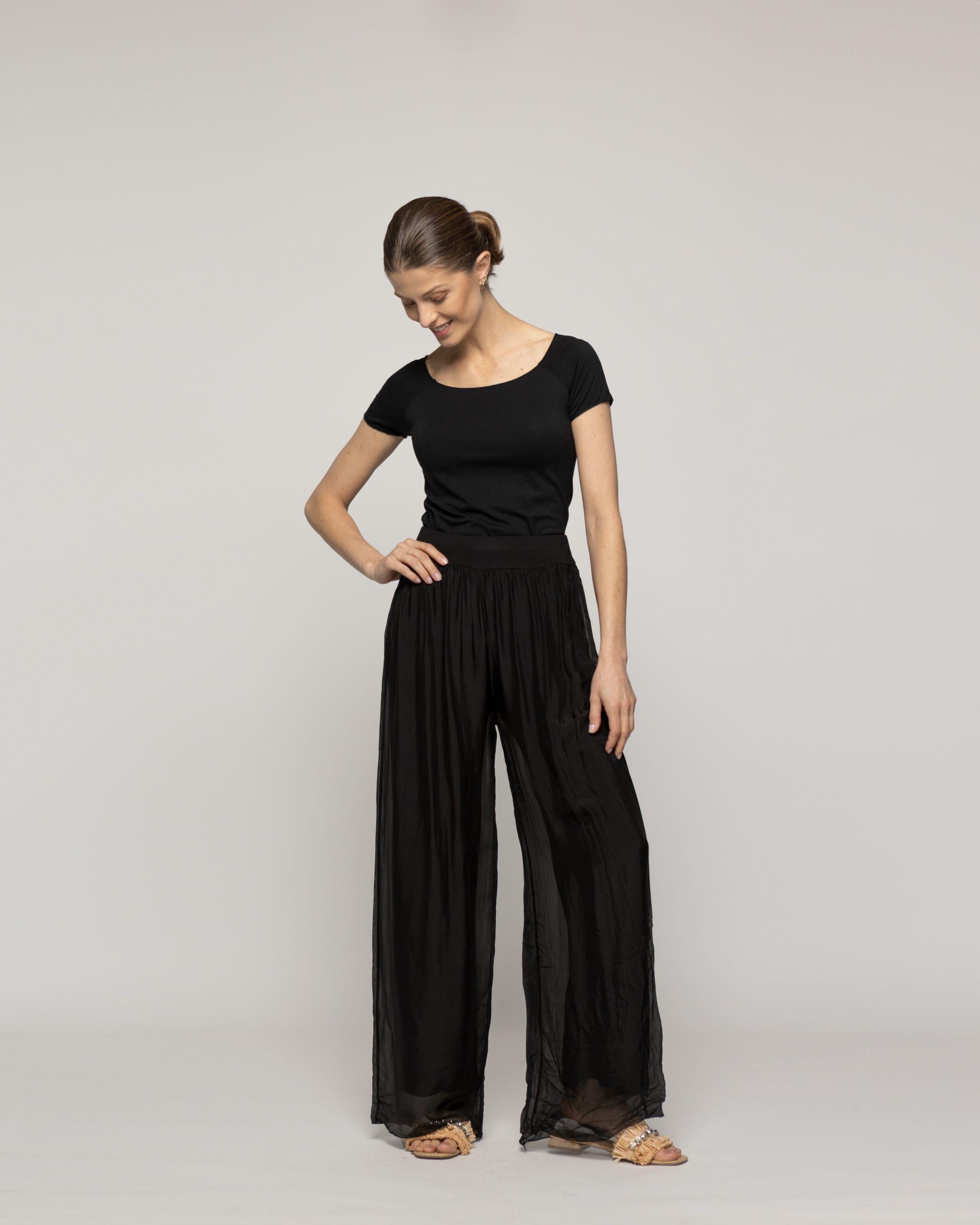Pantalón Mujer Perla Palazzo Tipo Satín Negro Lineatre-4