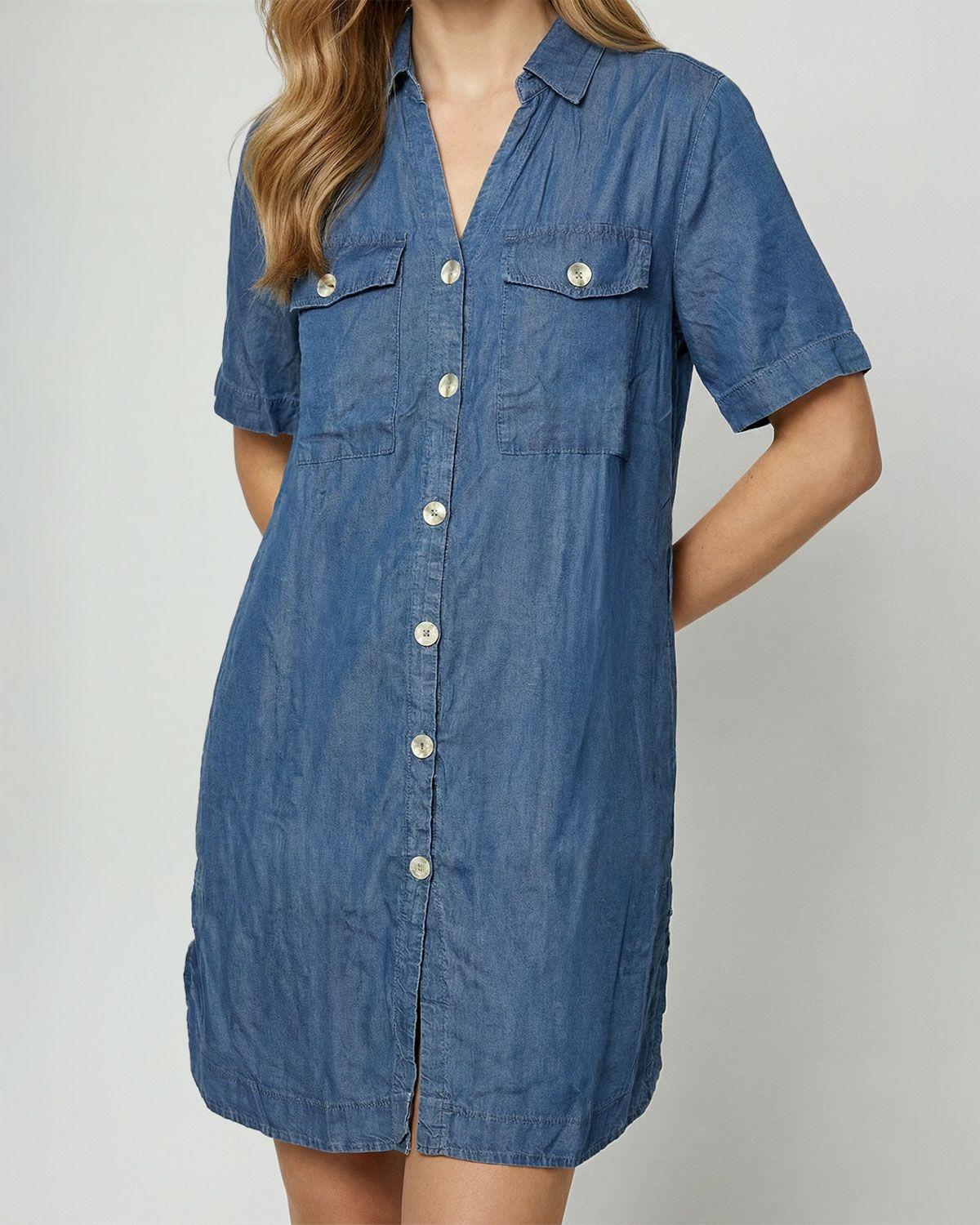 Vestido Mujer Livia Cuello en V cierre Botones Jeans Lineatre-3