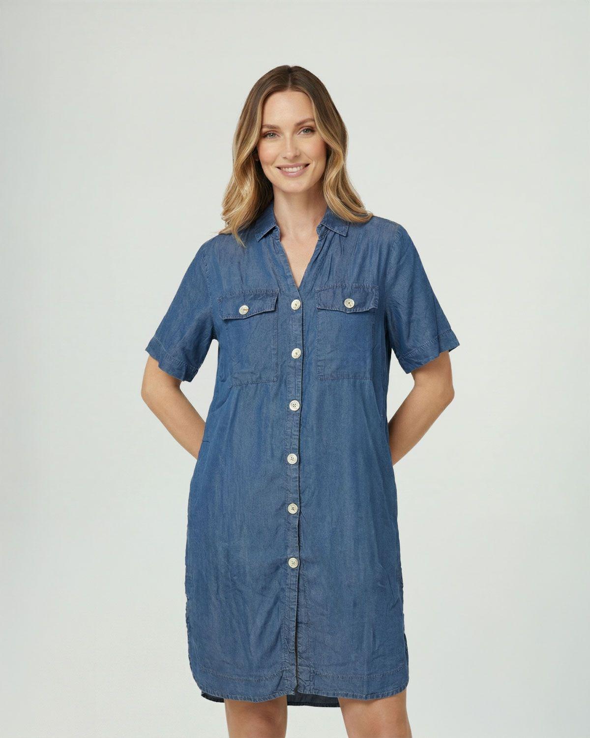 Vestido Mujer Livia Cuello en V cierre Botones Jeans Lineatre-0