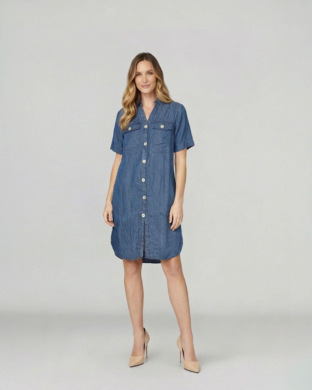 Vestido Mujer Livia Cuello en V cierre Botones Jeans Lineatre-3