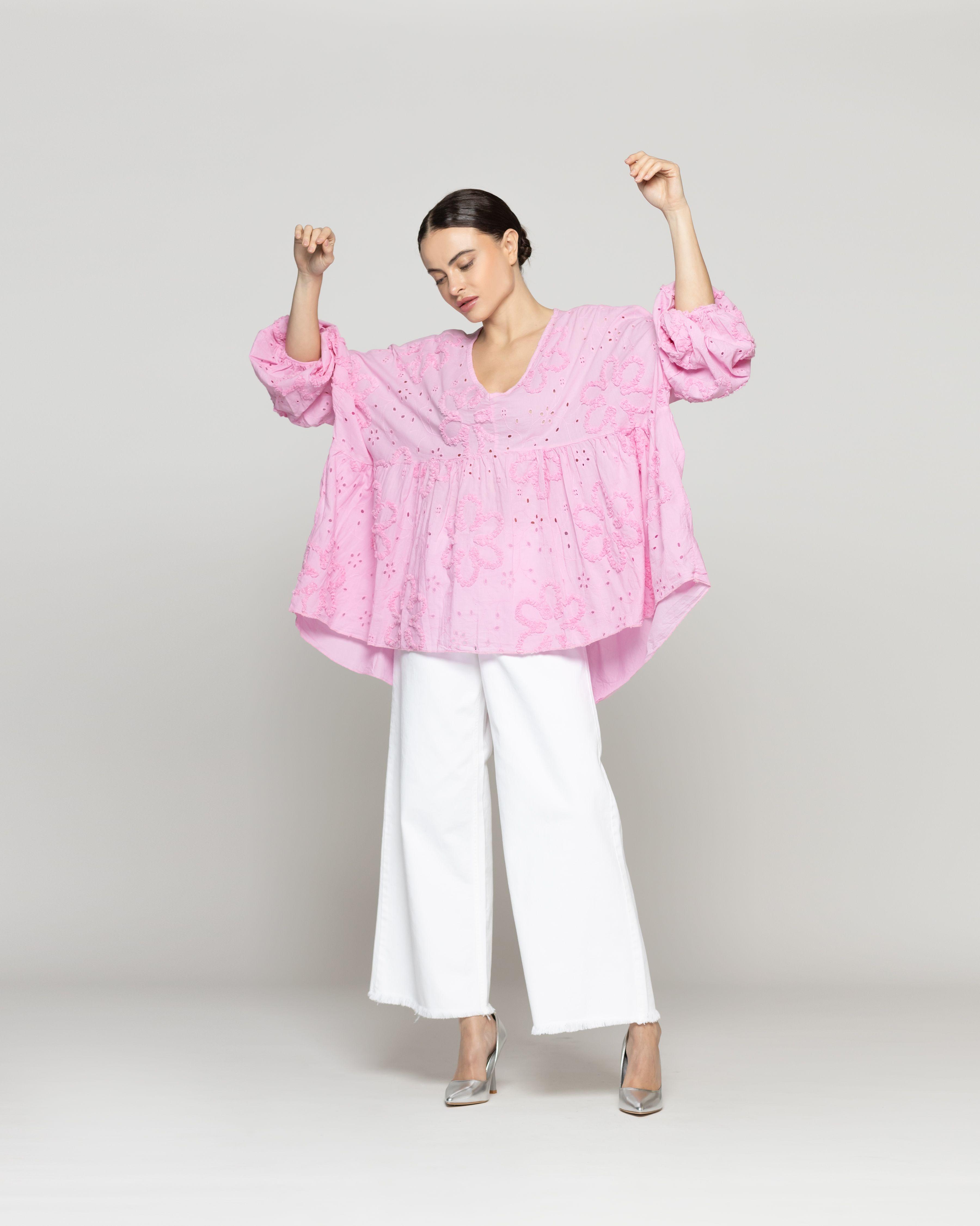 Blusa Mujer Berenice De Algodón Con Broderie Oversized Rosa Lineatre-4