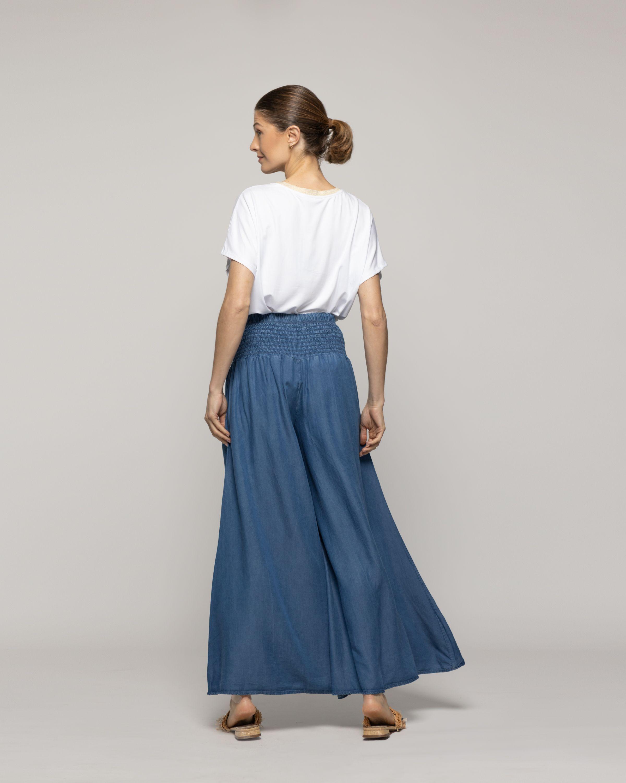 Pantalón Mujer Pilar Palazzo Azul Con Pretina Fruncida Lineatre-2