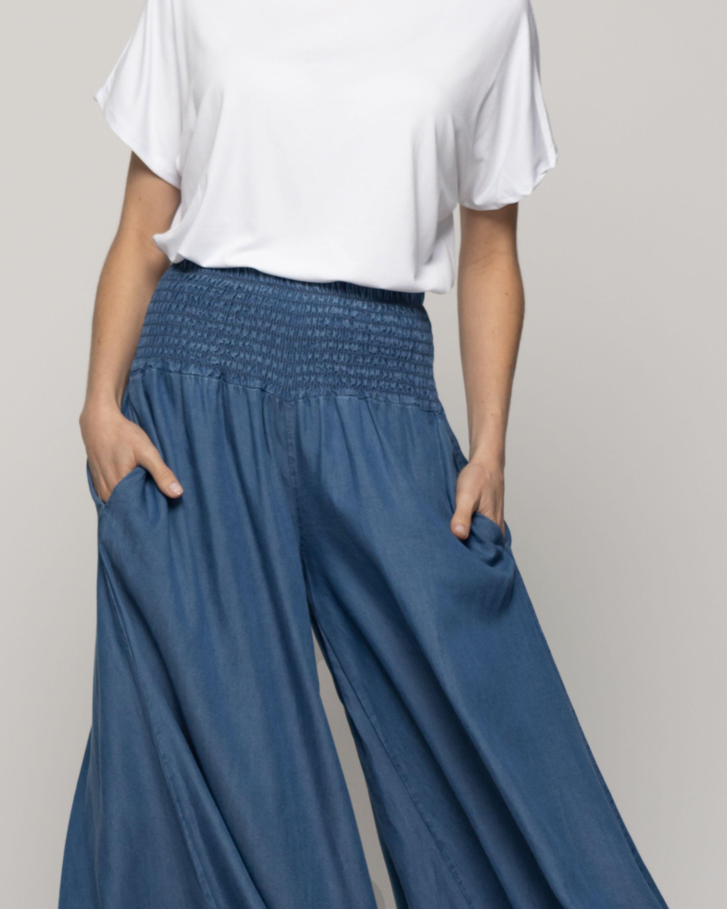 Pantalón Mujer Pilar Palazzo Azul Con Pretina Fruncida Lineatre-3